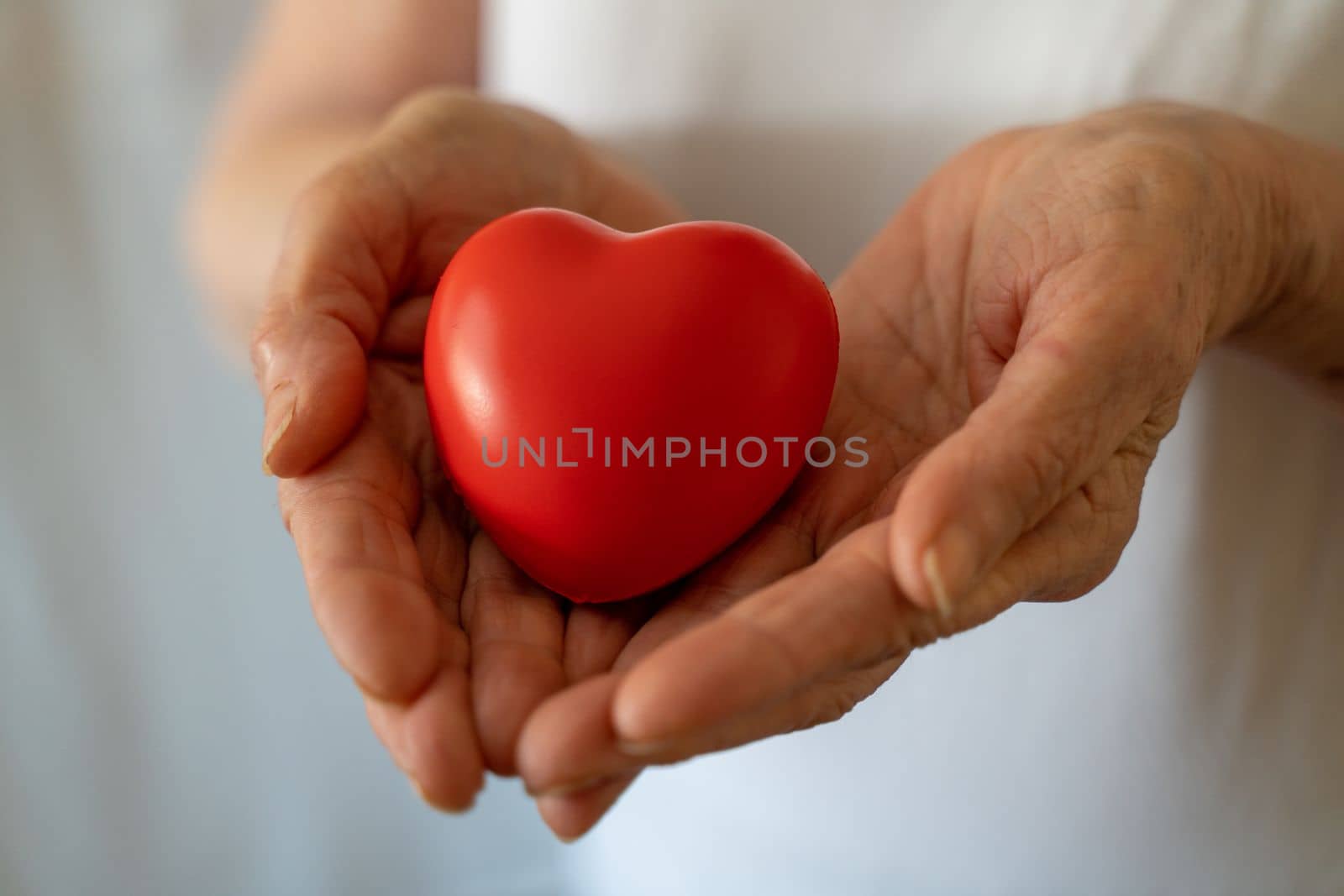 Grandmother woman hands holding red heart, healthcare, love, organ donation, mindfulness, wellbeing, family insurance and CSR concept, world heart day, world health day, national organ donor day.