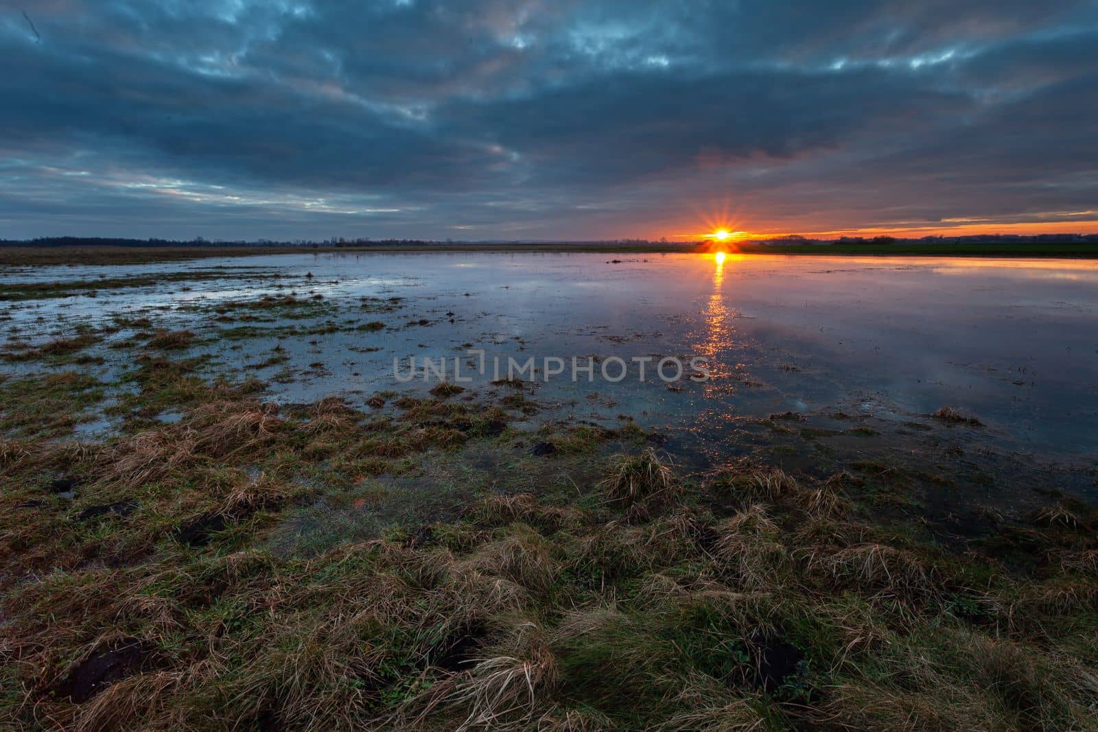 Sunset reflection in the water on a meadow in Czulczyce, eastern Poland