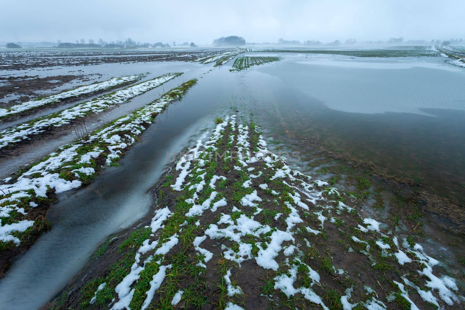 Flooded fields and dirt road after melting snow, eastern Poland