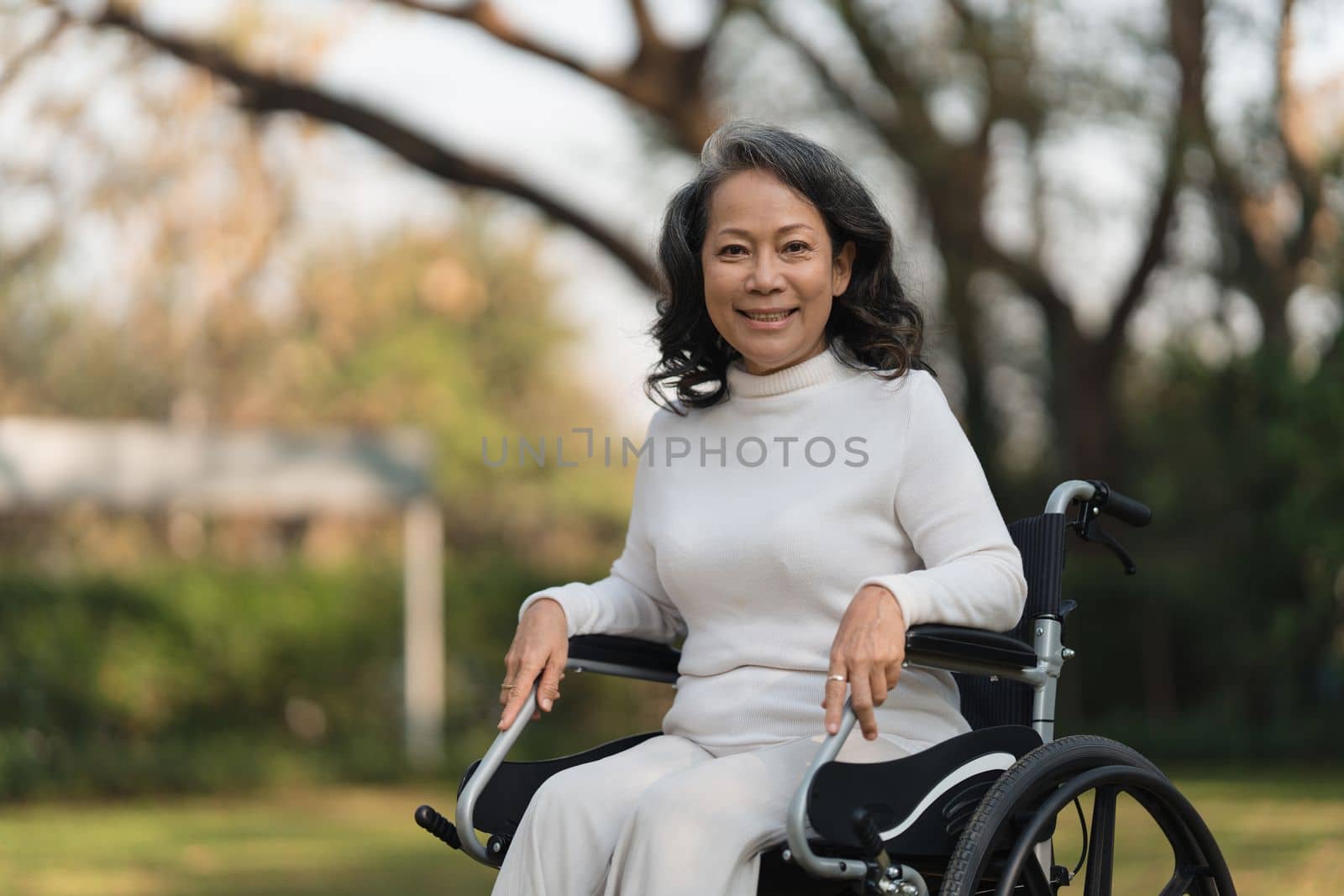 Happy senior asian women in wheelchair at home garden. Older asian woman have good healthy.