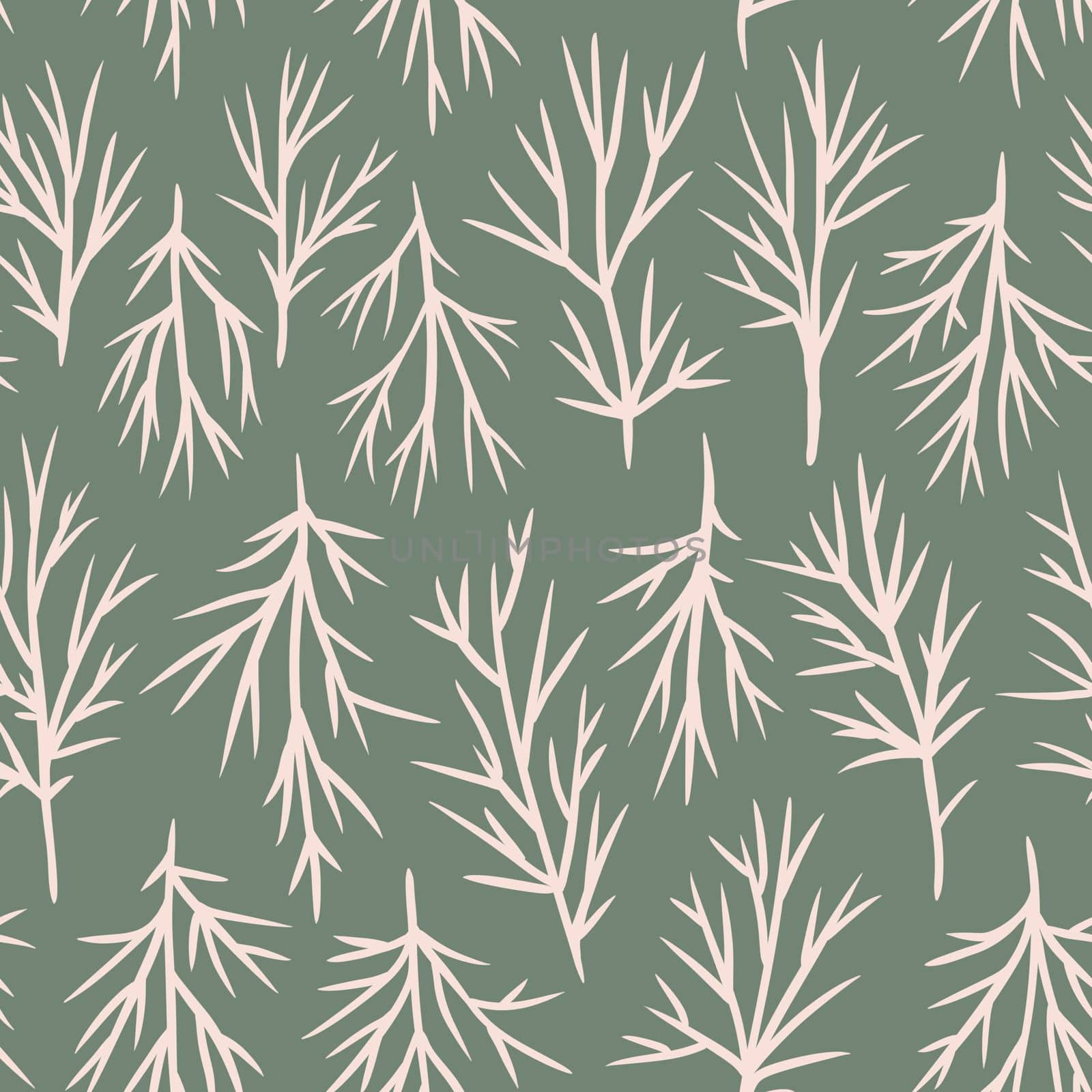 Hand drawn seamless pattern with beige cosmos leaves on sage green background. Elegant minimalist floral foliage on boho bohemian print, pastel muted neutral color, spring garden fabric, simple decoration