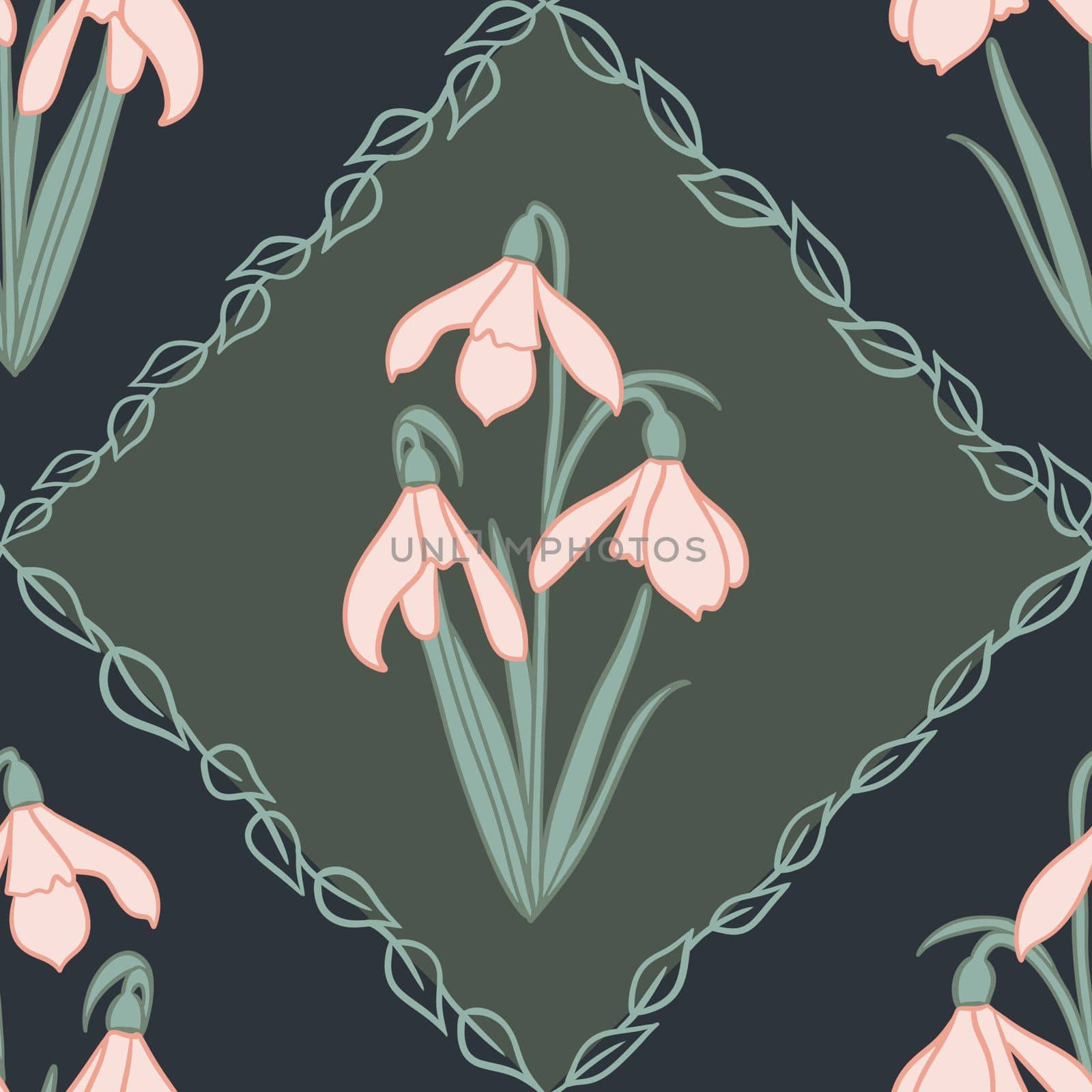 Hand drawn seamless pattern with snowdrop galanthus flower in damask in sage green dark black background. Rhimbus square print, abstract geometric spring garden nature floral art, minimalist leaves, vintage retro