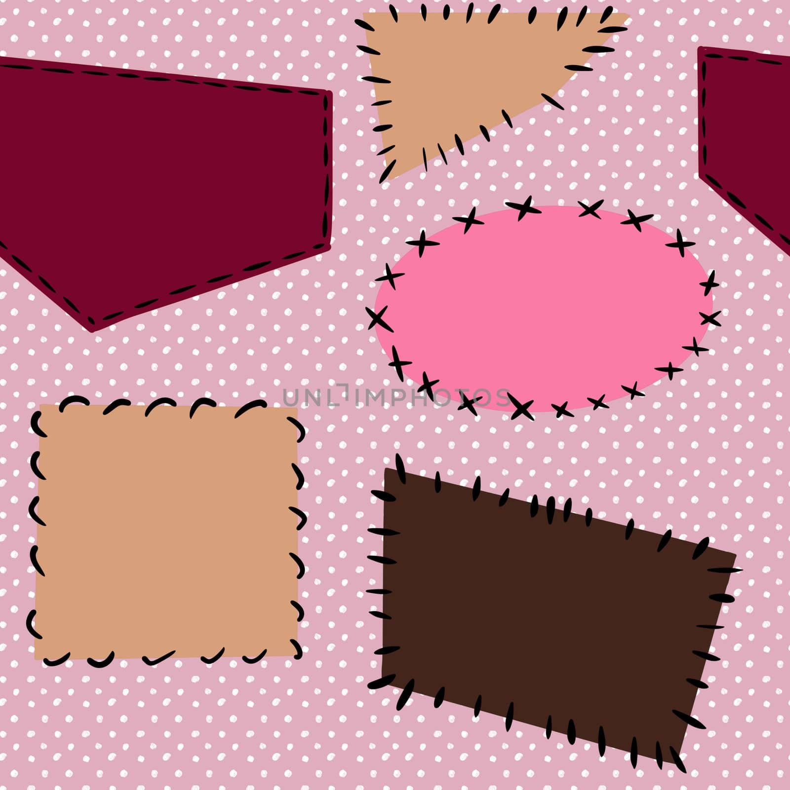 Hand drawn seamless pattern with mending sewing crafts dressmaking items. Pink brown beige polka dot background, tailor cute sew print, handmade needwork business hobby, fabric handcraft design