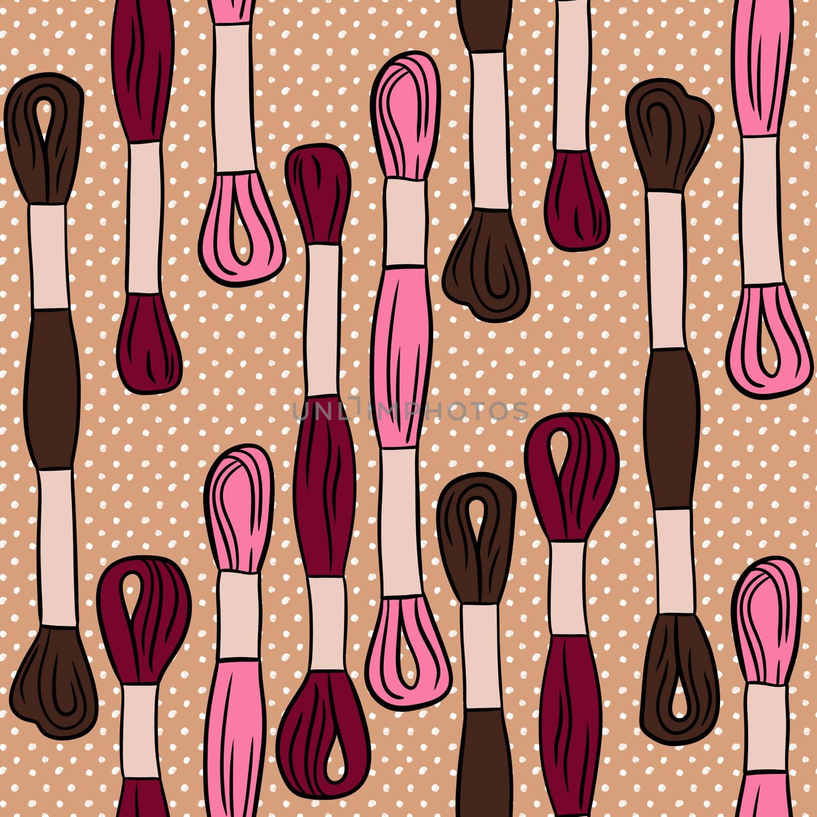 Hand drawn seamless pattern with moulinet embroidery sewing crafts dressmaking items. Pink brown beige polka dot background, tailor cute sew print, handmade needwork business hobby, fabric handcraft design. by Lagmar