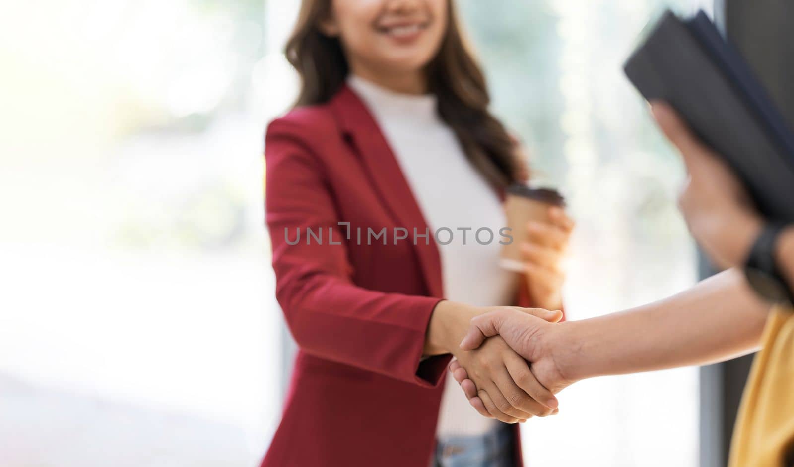 Business woman greeting with shake hands to congratulate after agreement with partner. Two business partners greeting together..