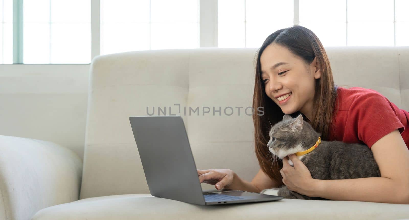 Pretty young woman using laptop and her beautiful cute thai cat sitting on the coach by the window, backlit warm light. Enjoying leisure time at home. by wichayada