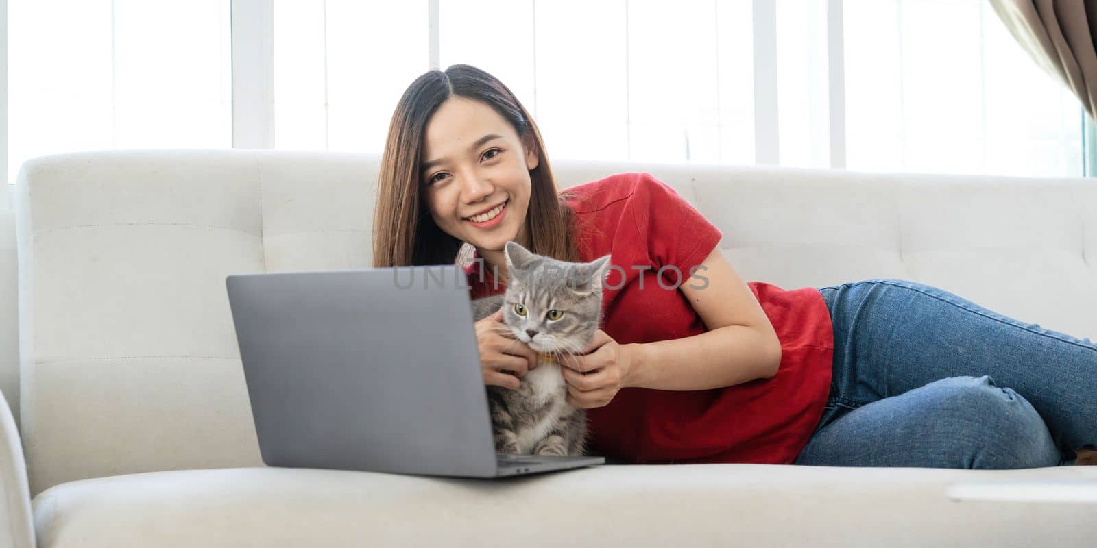 Pretty young woman using laptop and her beautiful cute thai cat sitting on the coach by the window, backlit warm light. Enjoying leisure time at home. by wichayada