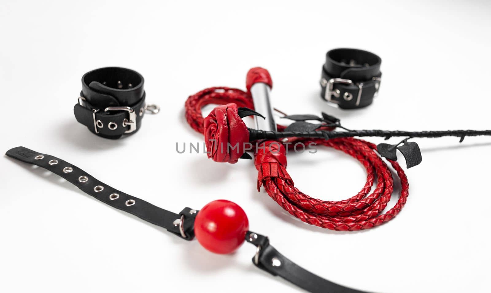 For the March 8 holiday sexy bdsm sex play accessories set from a sex shop on a white background copy-paste