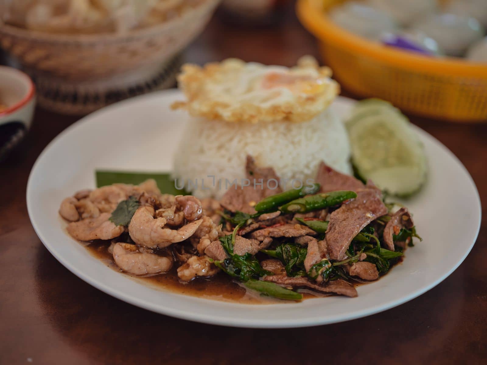 Fried Stir Basil with pork livers , Thai food by Hepjam