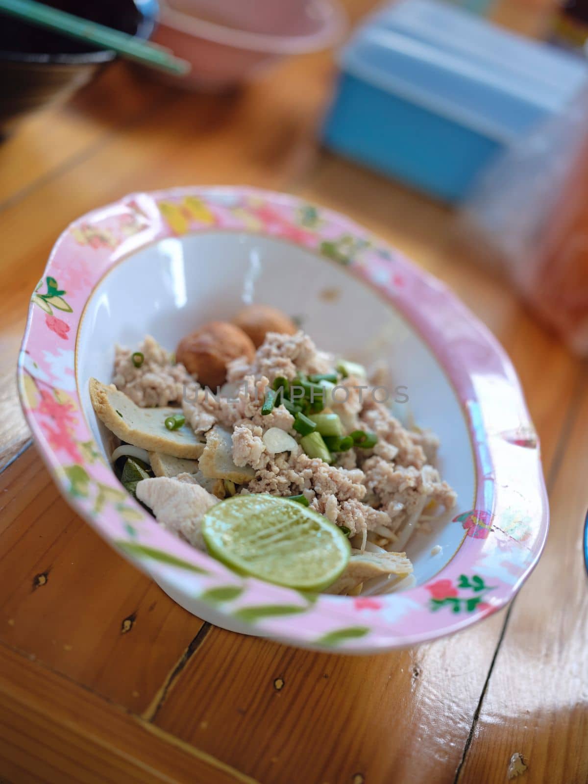 Tom Yum noodle soup with Minced Pork and meatball.popular hot and spicy soup in Thailand 