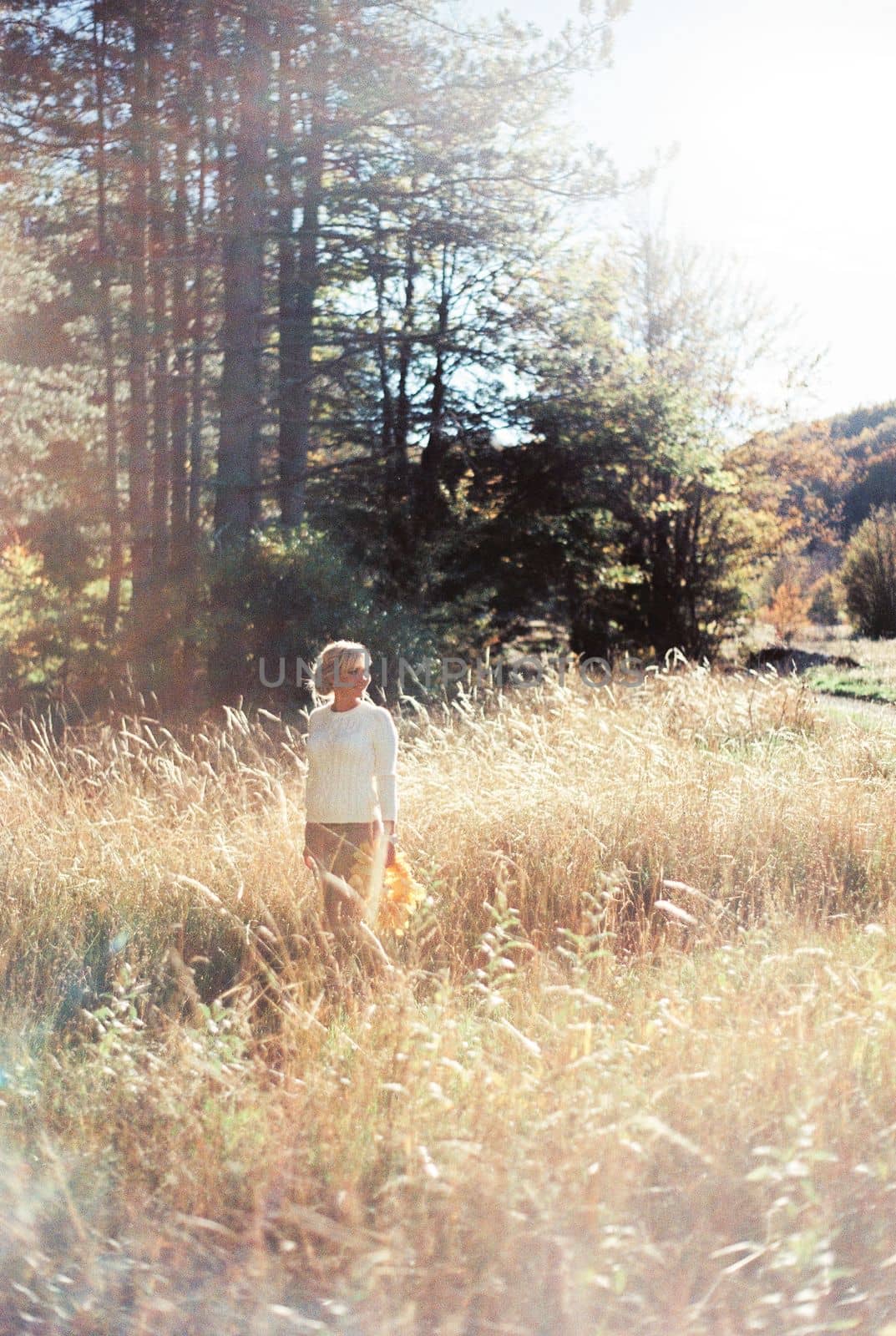 Woman with a wreath of yellow leaves stands among the dry grass on the lawn. High quality photo