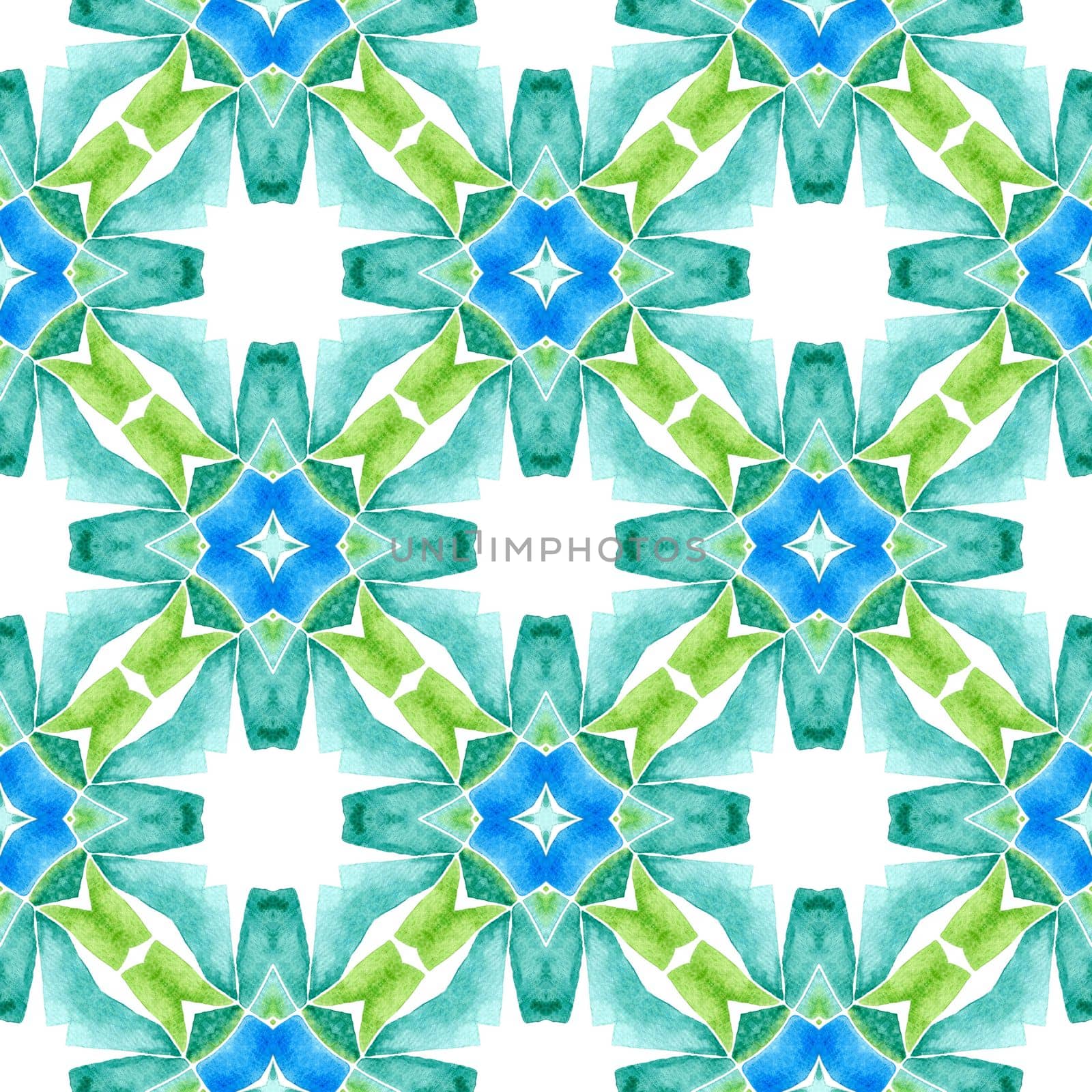 Textile ready fair print, swimwear fabric, wallpaper, wrapping. Green vibrant boho chic summer design. Ethnic hand painted pattern. Watercolor summer ethnic border pattern.