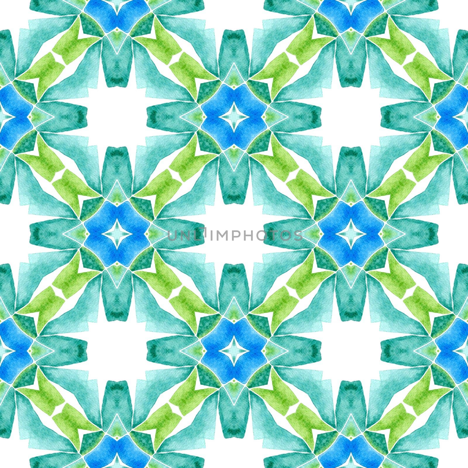 Textile ready fair print, swimwear fabric, wallpaper, wrapping. Green vibrant boho chic summer design. Ethnic hand painted pattern. Watercolor summer ethnic border pattern.