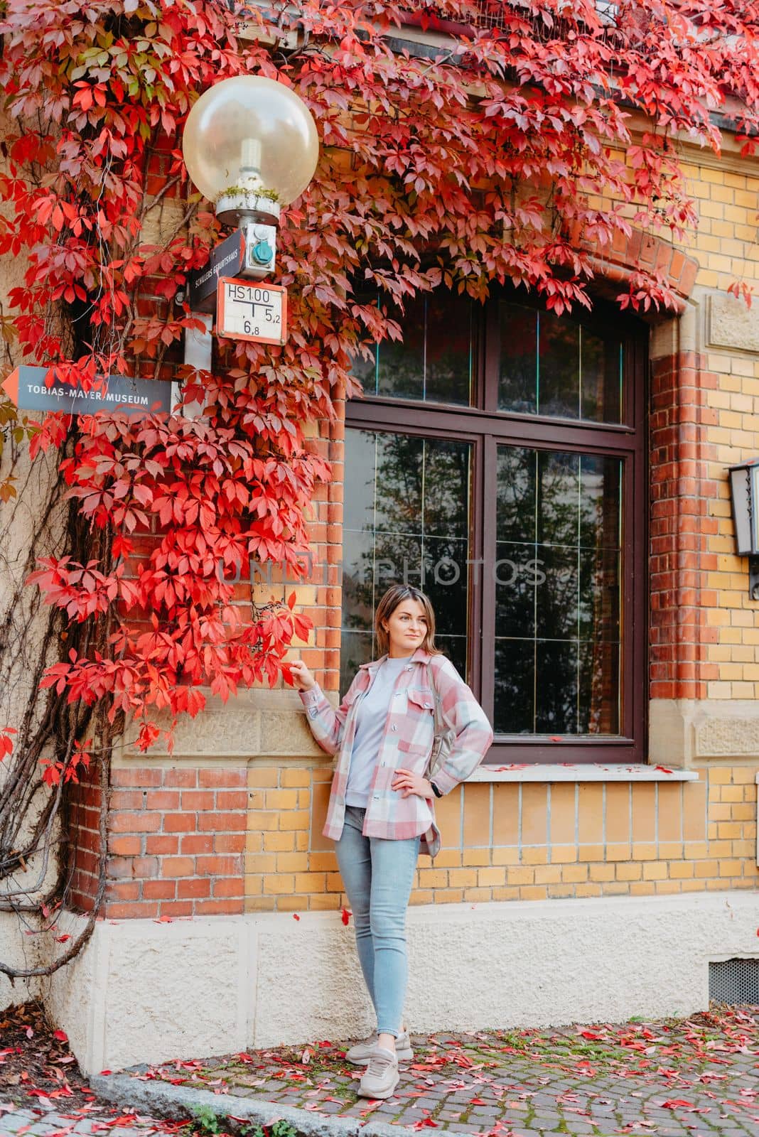 a beautiful girl stands against the background of the window of an old European house, entwined with a floating red color in autumn. Tourism & Travel Concept. Nice portrait of a young woman, in boho style outdoors in fall autumn day. Caucasian female girl 20 30 years old