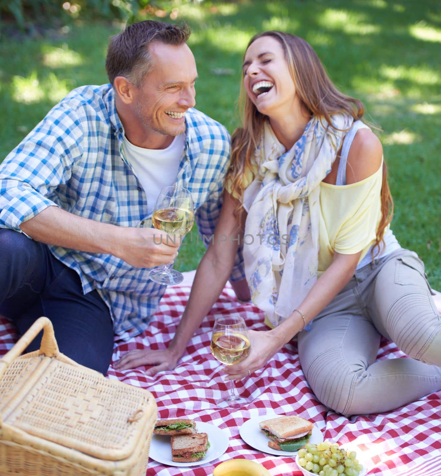 Picnic fun. a married couple enjoying a picnic outdoors. by YuriArcurs