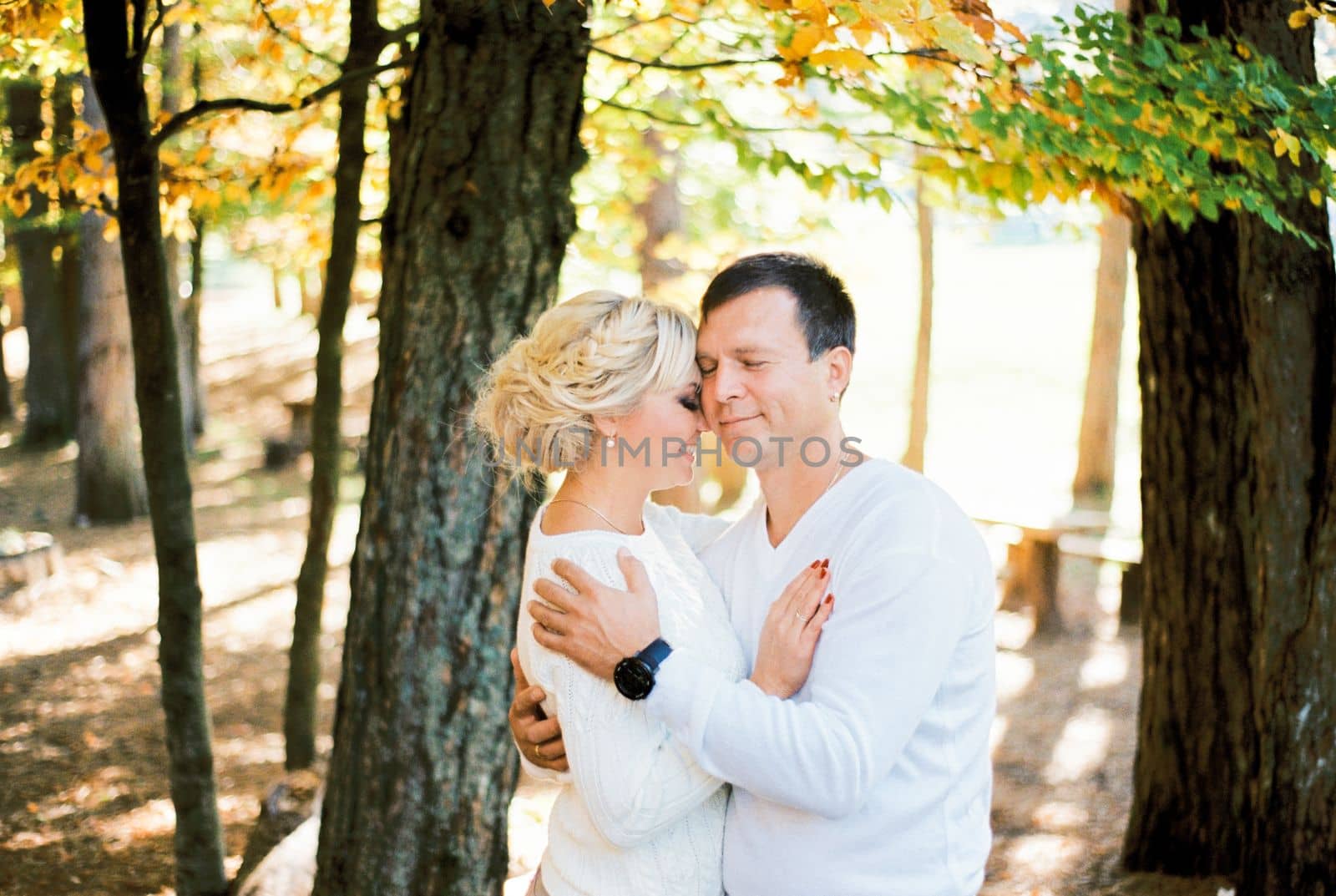 Man and woman hugging, leaning their heads against each other, standing near a tree. High quality photo