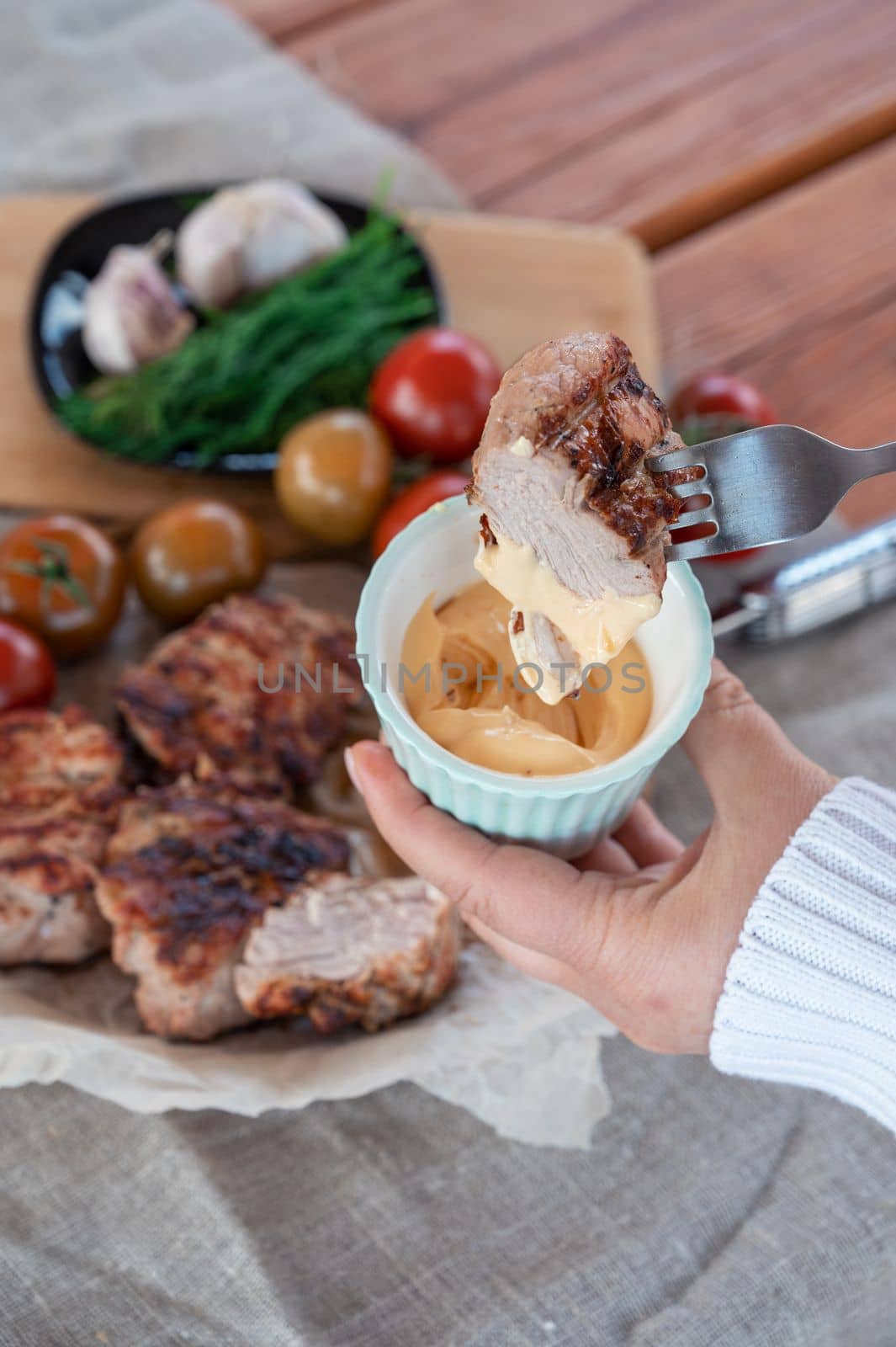 Fried pork shashlik with vegetables and sauce. Summer holiday concept