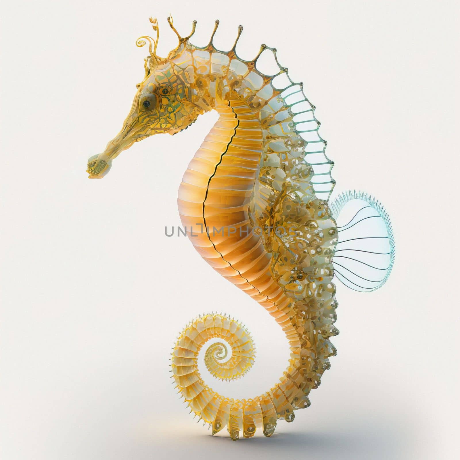 3D illustration of seahorse with gold color tones, realistic texture, isolated, rendered object. Download image
