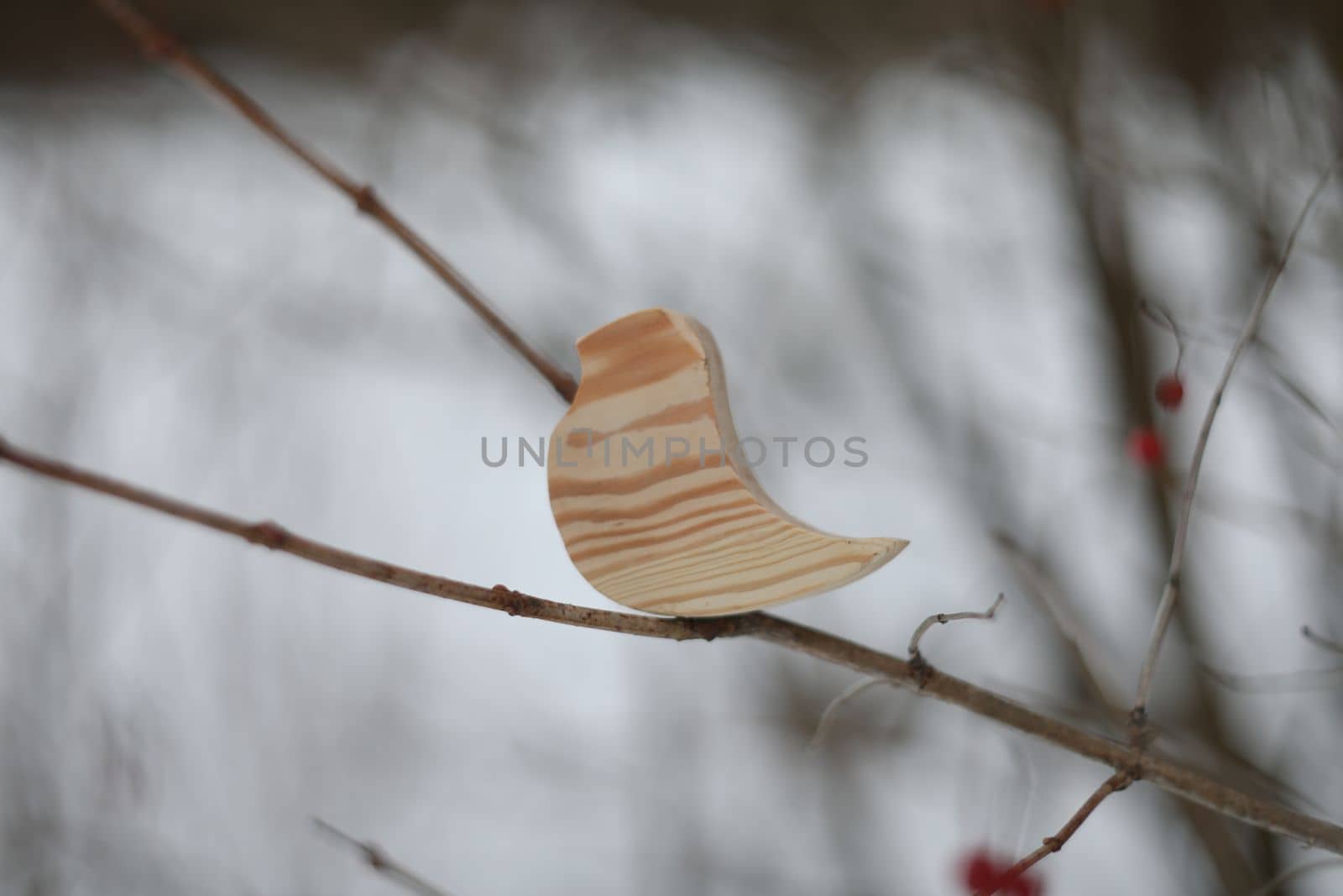 Wooden handmade toy bird on the tree branch on a winter day. Hello Spring concept. Winter landscape