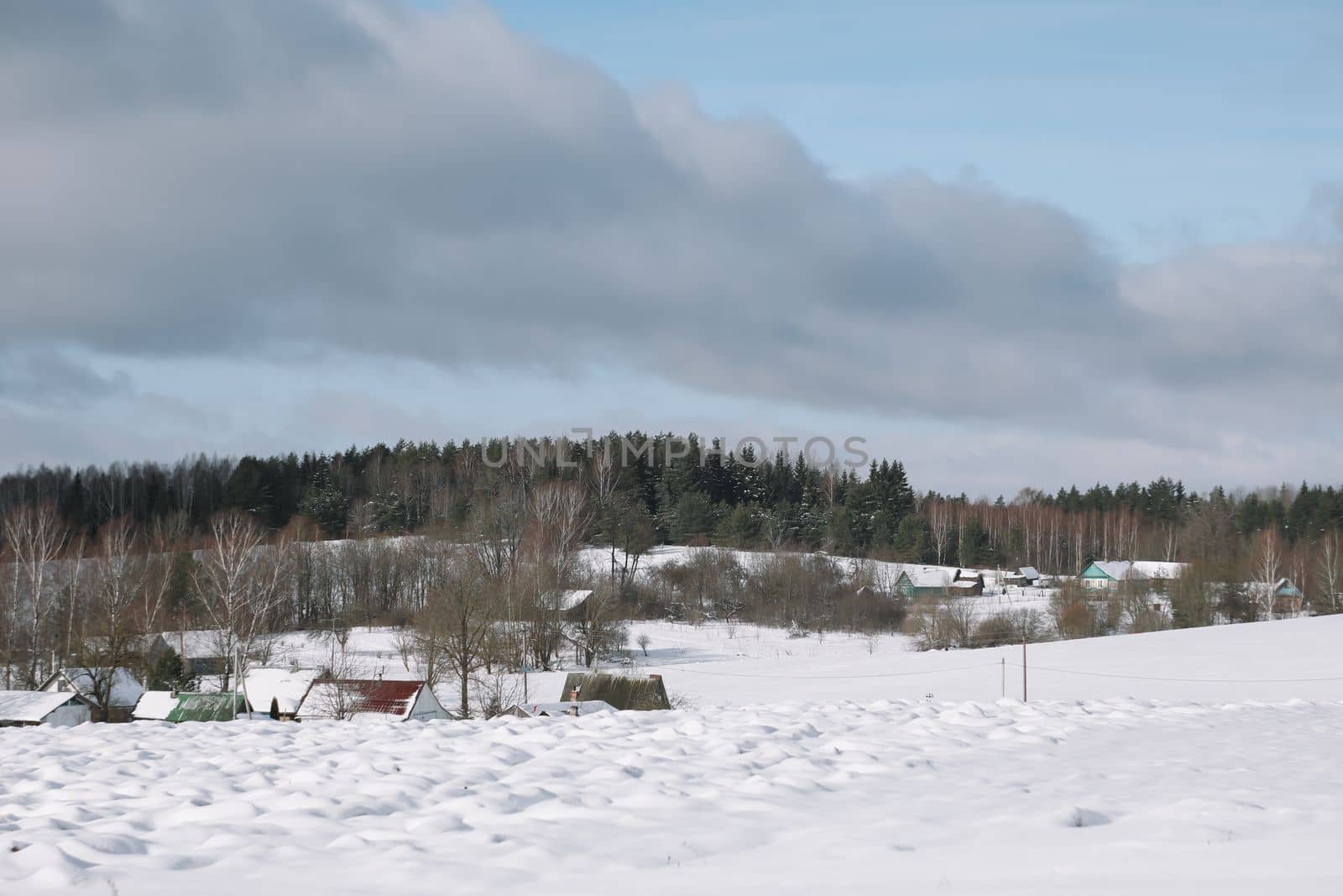 Rural beautiful winter landscape. Non-urban scene. New Year, Christmas. Copy space. Picturesque view of countryside on a frosty winter day