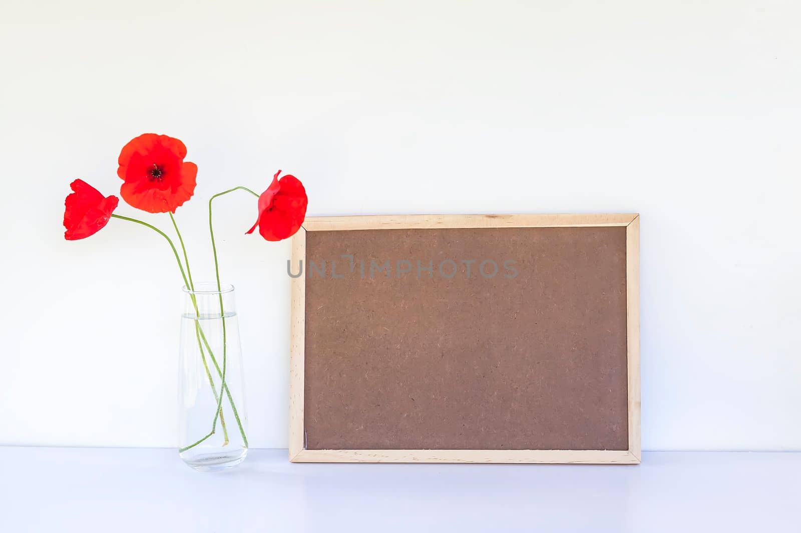 Empty board and bouquet of red poppies on a white background.