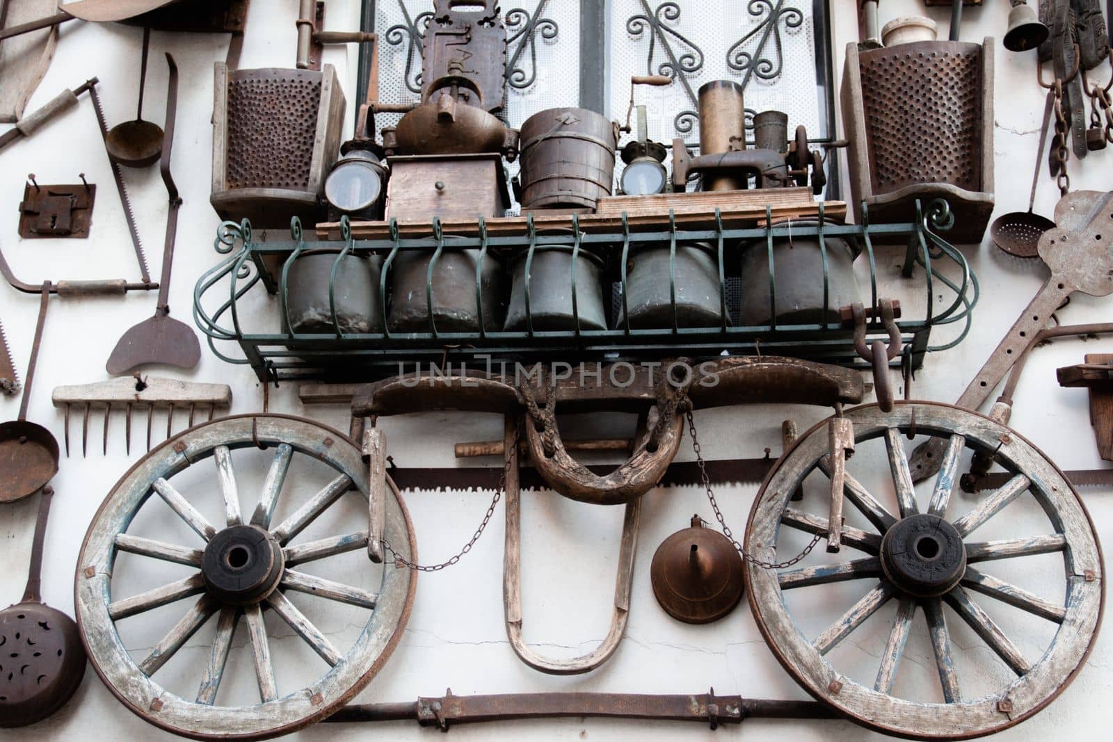 Traditional blacksmiths instruments. Concept of working in the workshop. Close up details of tools that were used to work with iron