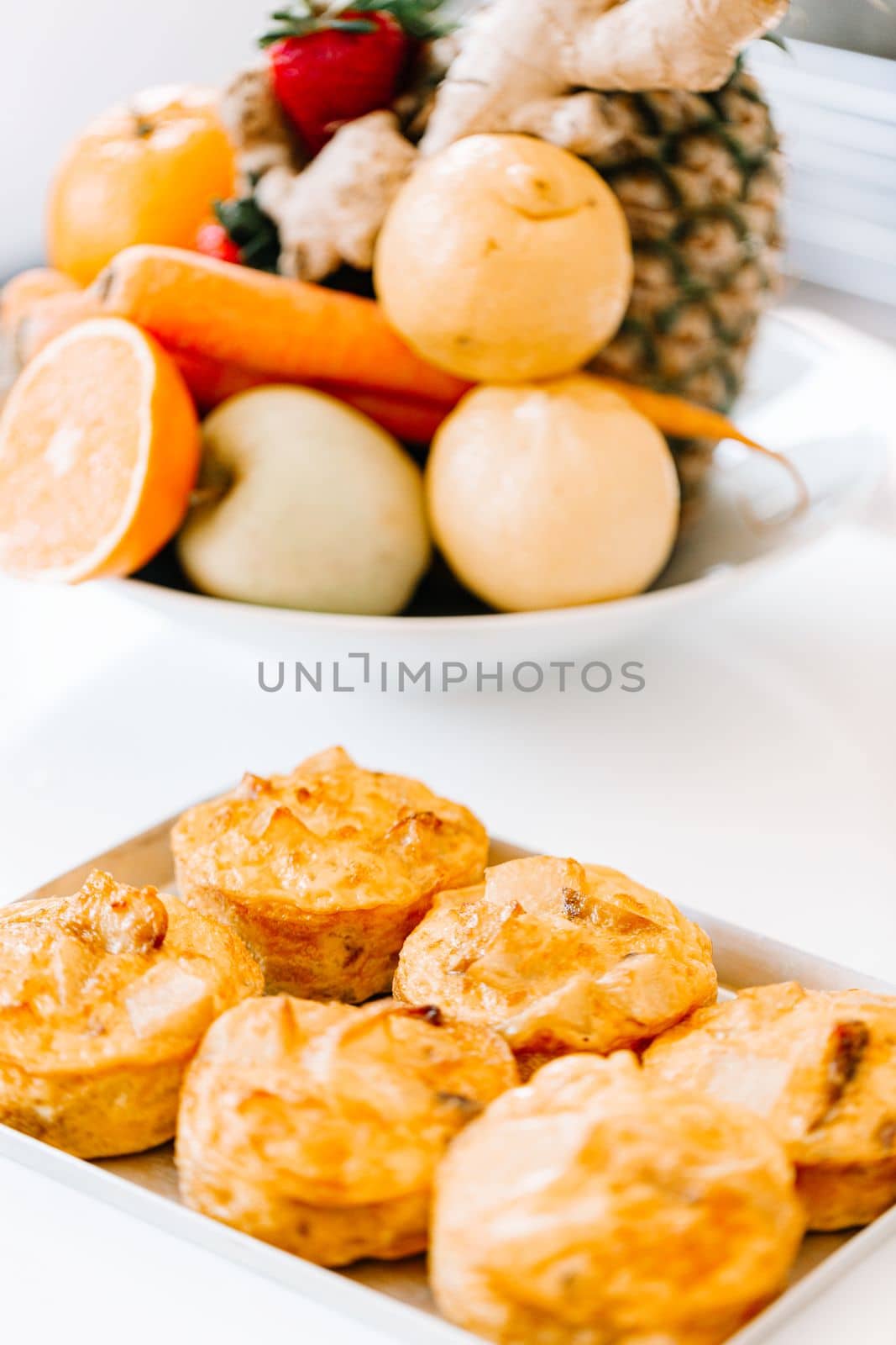 breakfast with with mini apple pies and fresh fruits. typical Italian breakfast