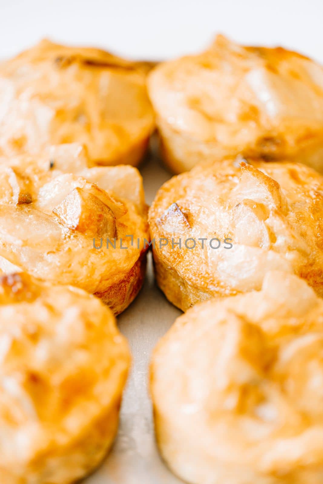 breakfast with with mini apple pies and fresh fruits. typical Italian breakfast