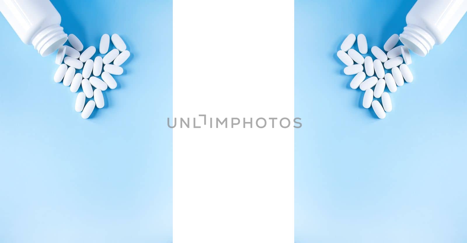Pills of vitamin in the shape of heart with the opened white plastic container on soft blue background. Symmetrical banner. Medicine theme.
