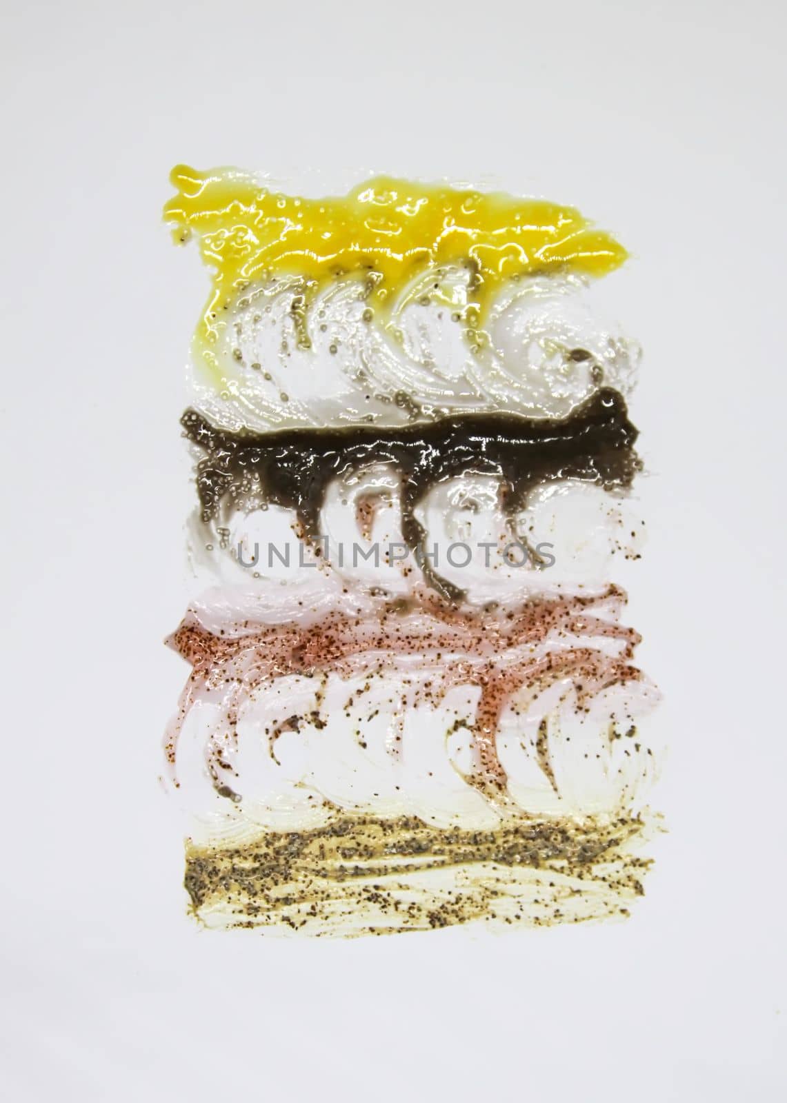 Body scrub textures. Skin care product swatch smear on white background.