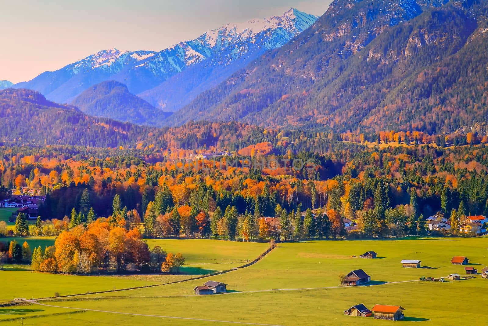 Bavarian alps and rustic farm barns, Garmisch Partenkirchen, Zugspitze massif, Bavaria, Germany