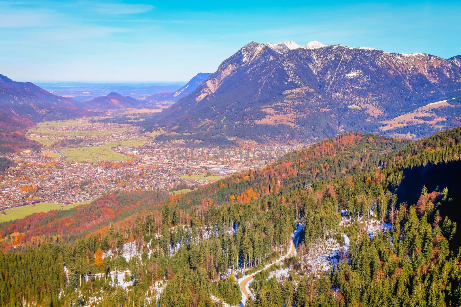 Bavarian alps and Garmish Partenkirchen from above at autumn, Bavaria, Germany by positivetravelart