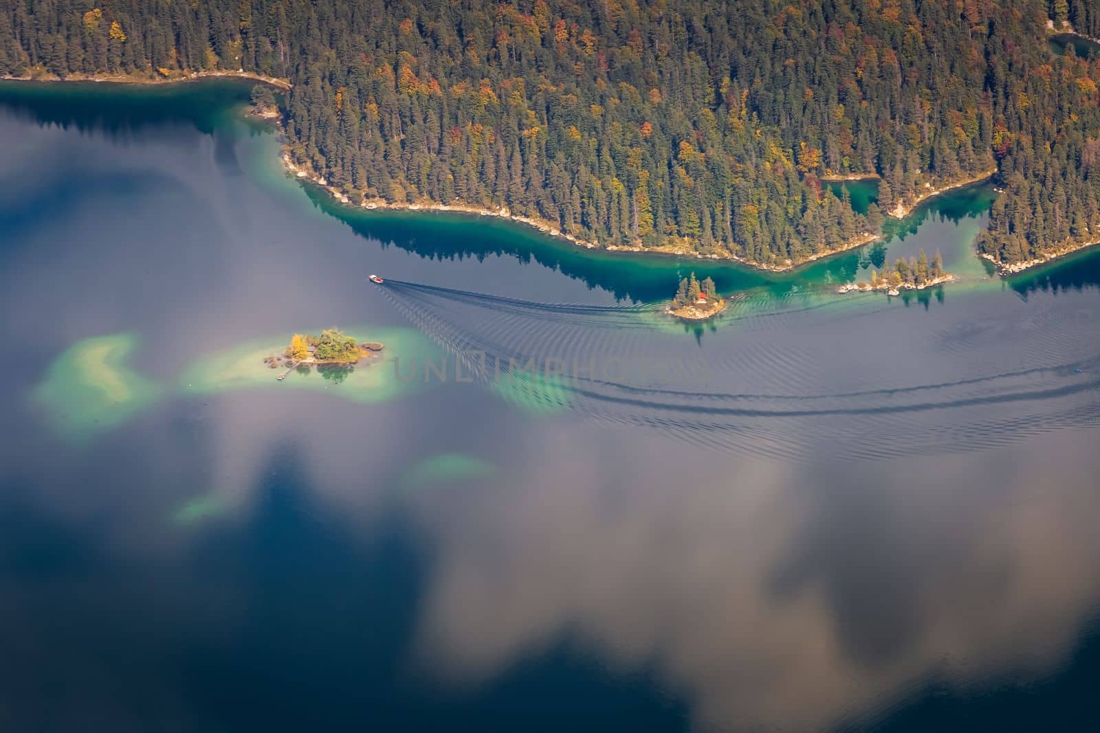Eibsee lake from above Zugspitze at dramatic autumn landscape, Garmisch, Germany by positivetravelart