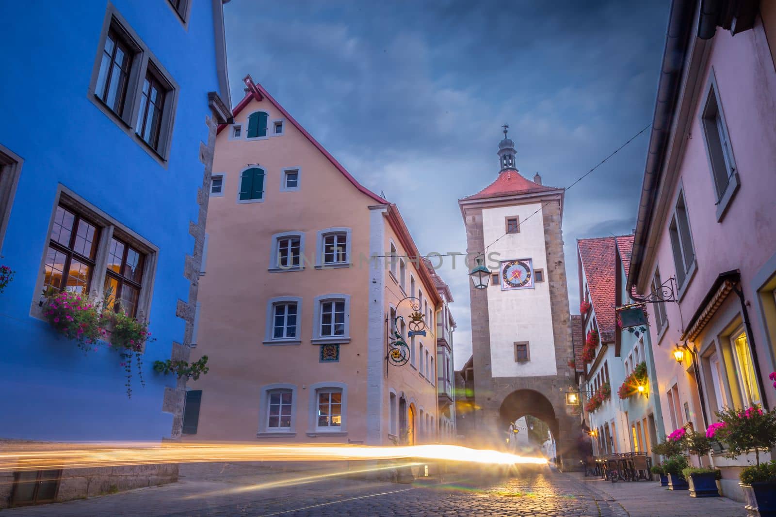 Rothenburg ob der Tauber at dramatic sunrise, Historical Franconia in Bavaria, Germany