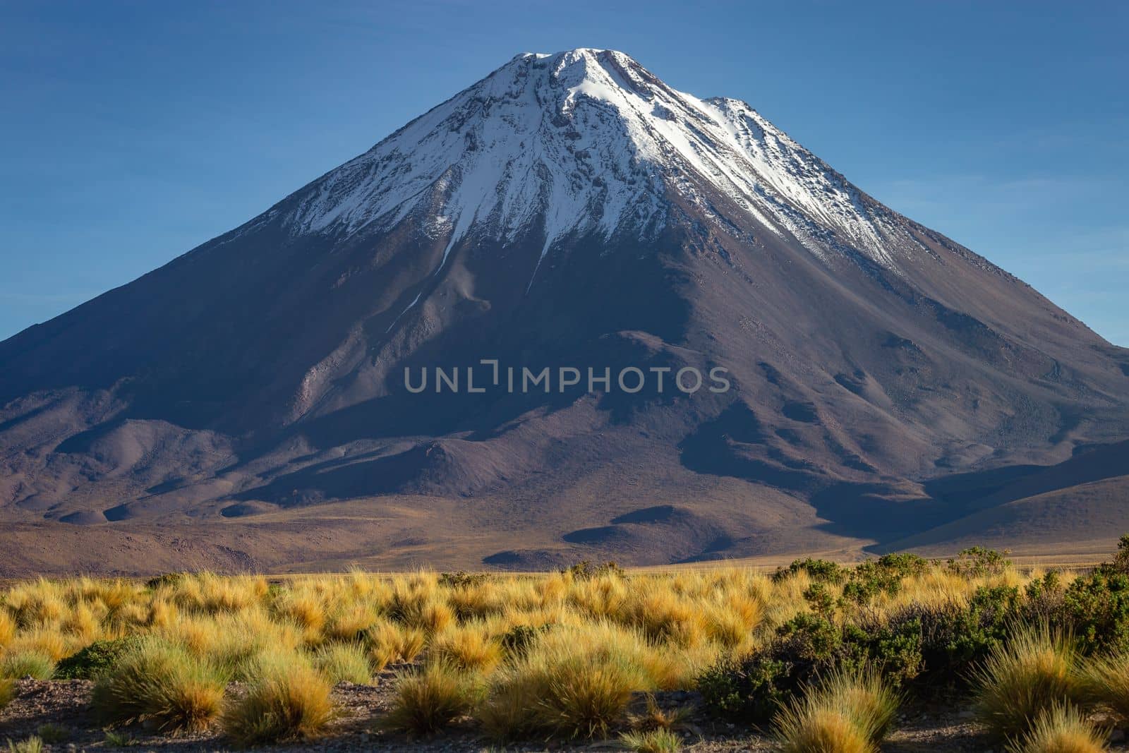 Licancabur and Peaceful dramatic volcanic landscape at Sunset, Atacama Desert, Chile