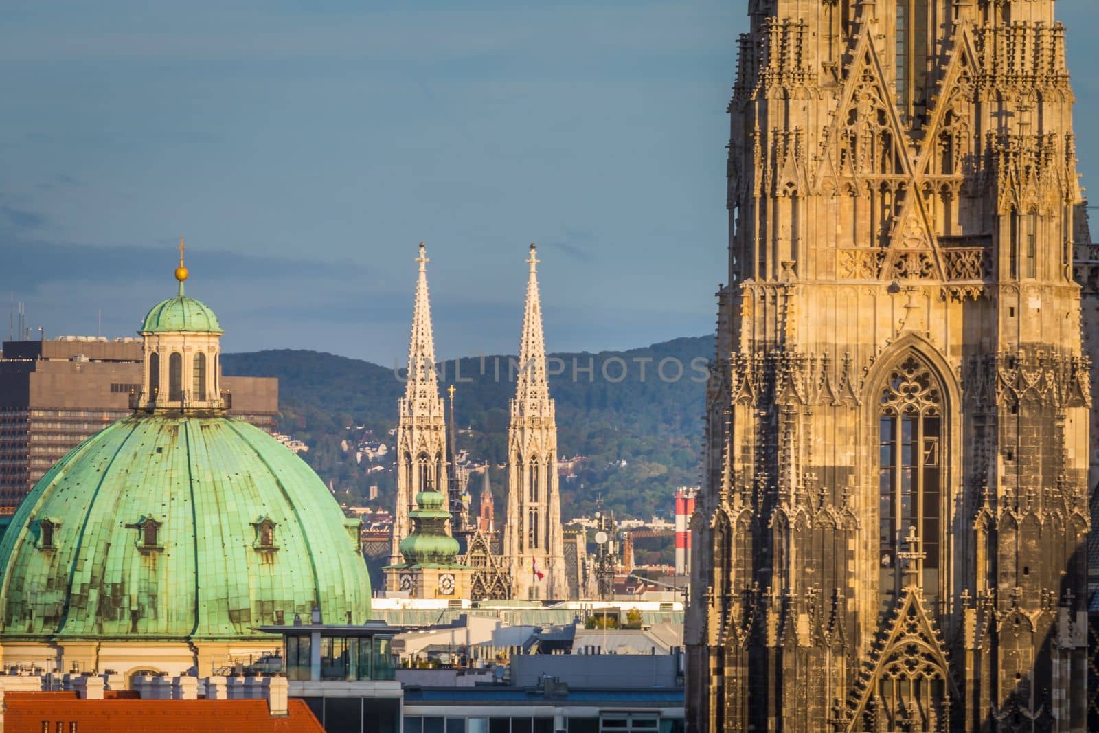 Panoramic view of Vienna cityscape with Cathedral from above, Austria by positivetravelart