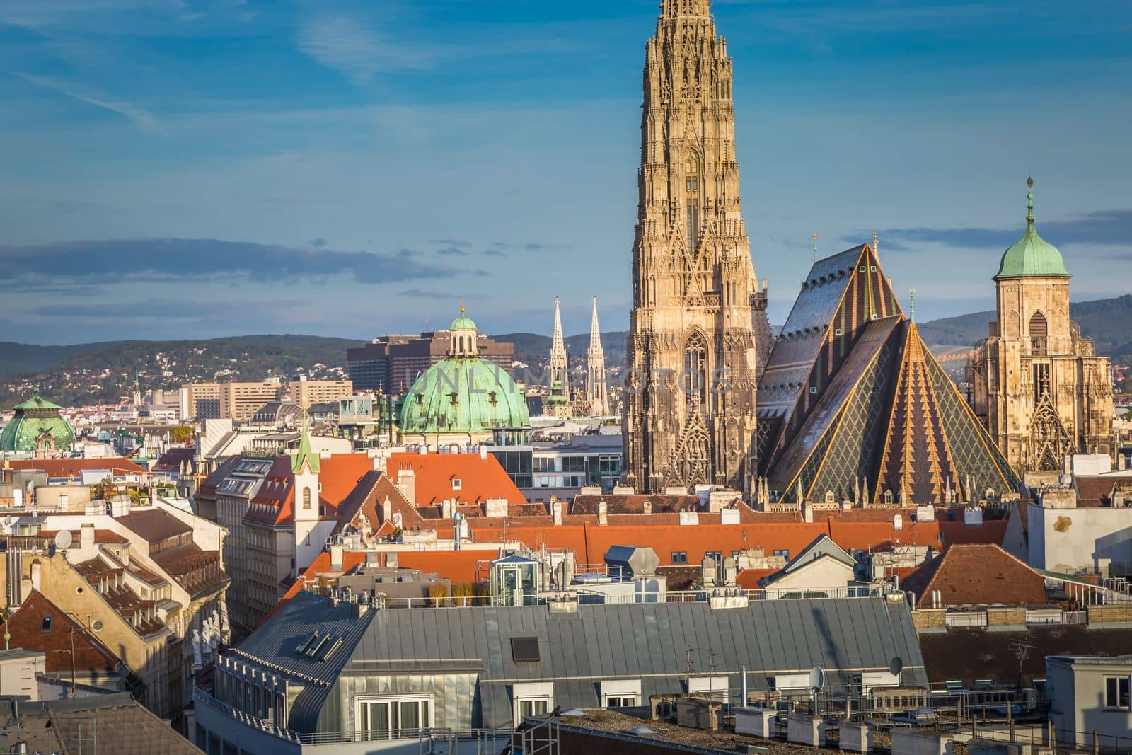 Panoramic view of Vienna old town cityscape with Cathedral from above, Austria