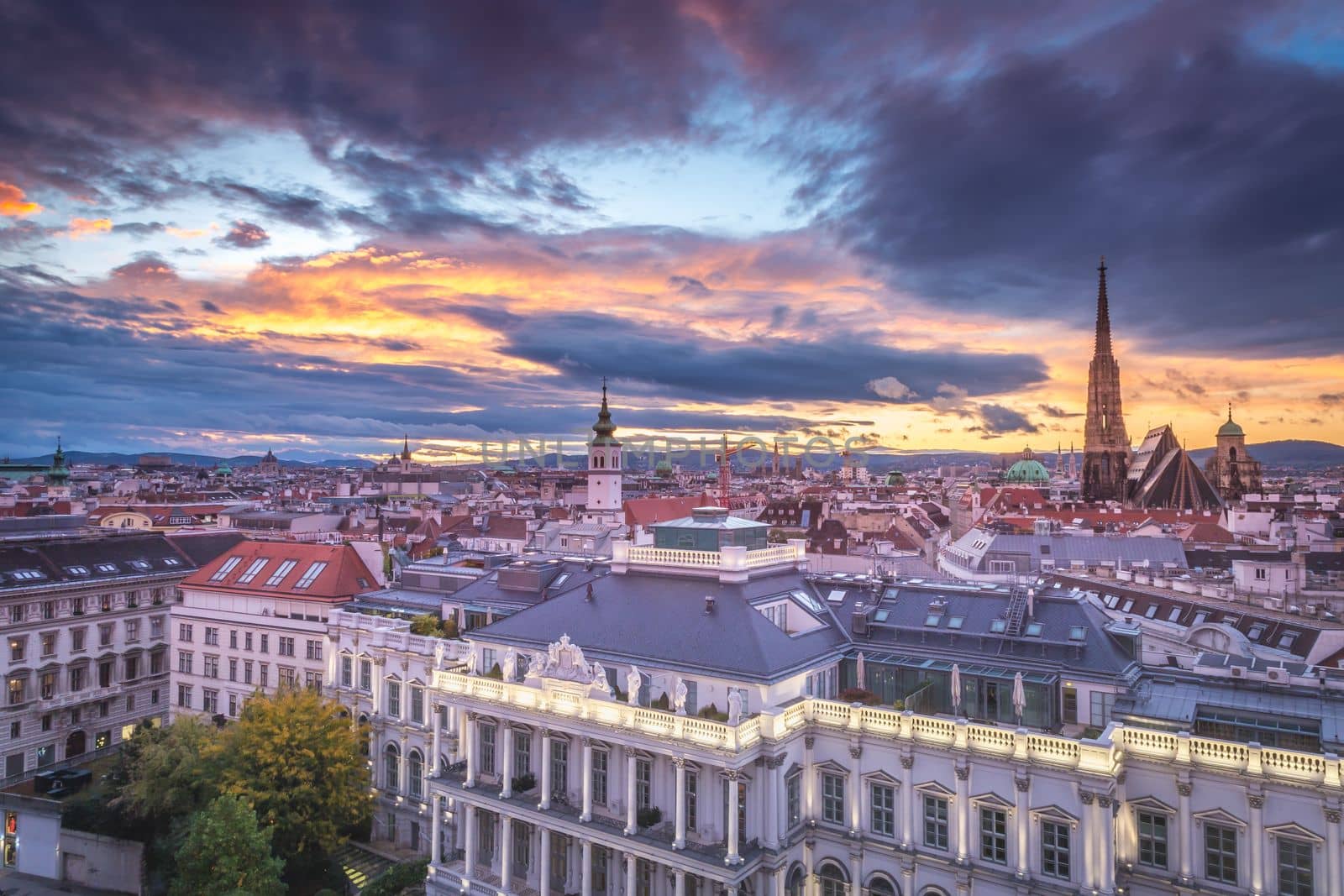 Panoramic view of Vienna old town cityscape with Cathedral from above, Austria