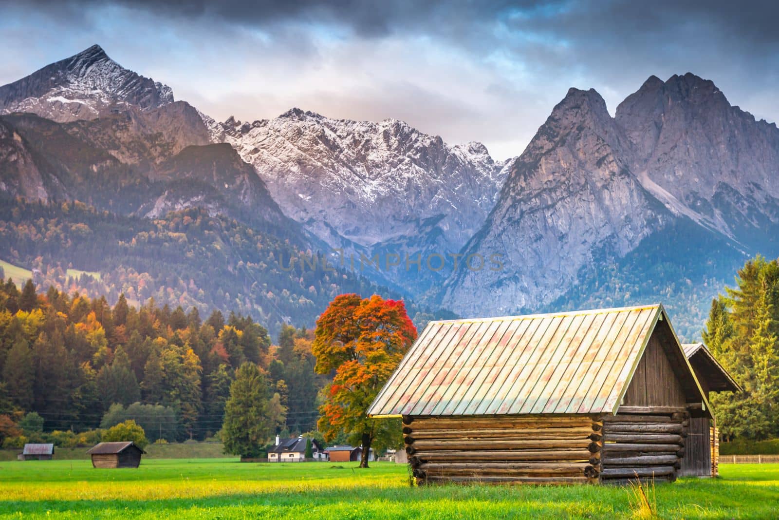 Bavarian alps and rustic farm barn, Garmisch, Zugspitze massif, Bavaria, Germany by positivetravelart