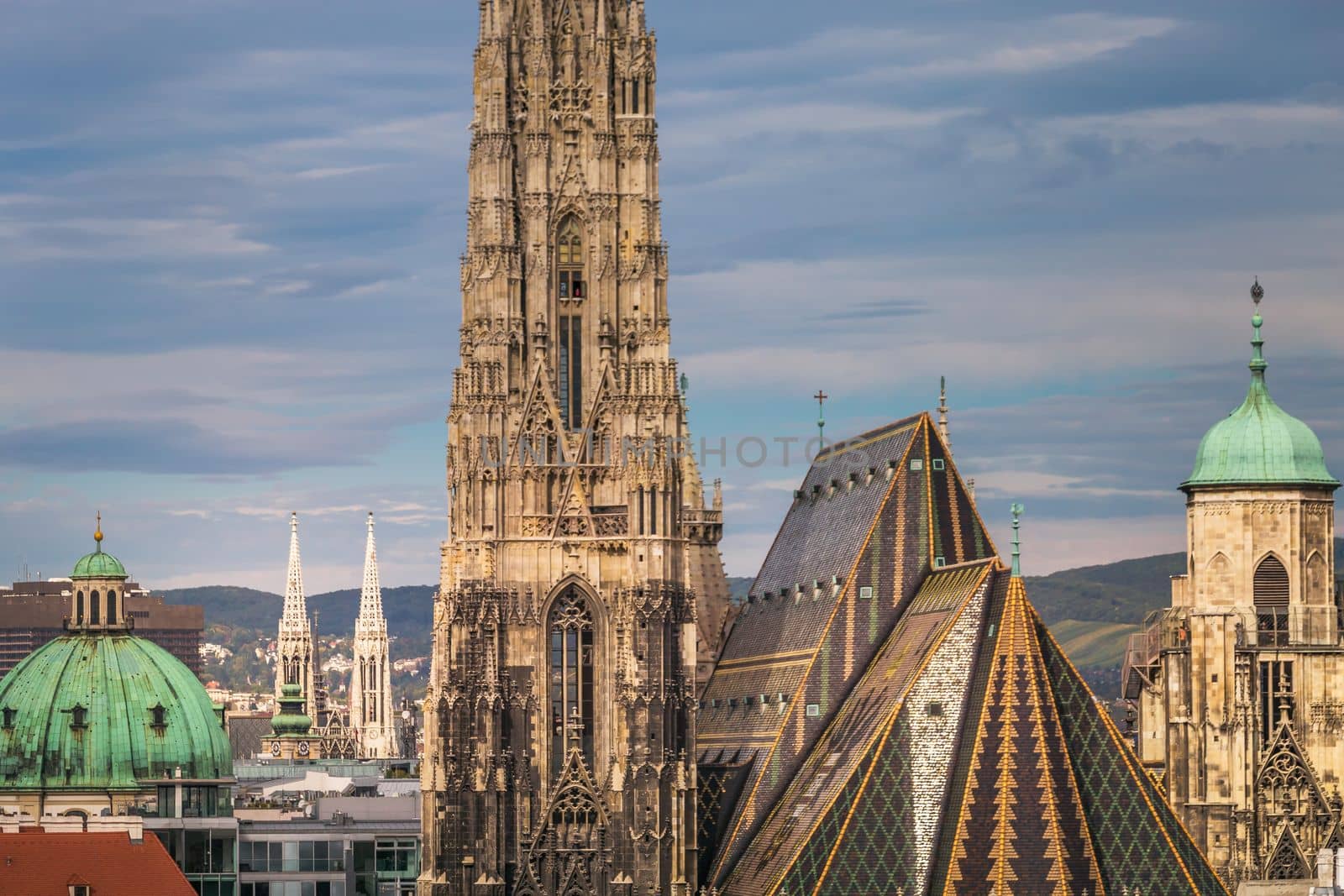 Panoramic view of Vienna old town cityscape with Cathedral from above, Austria