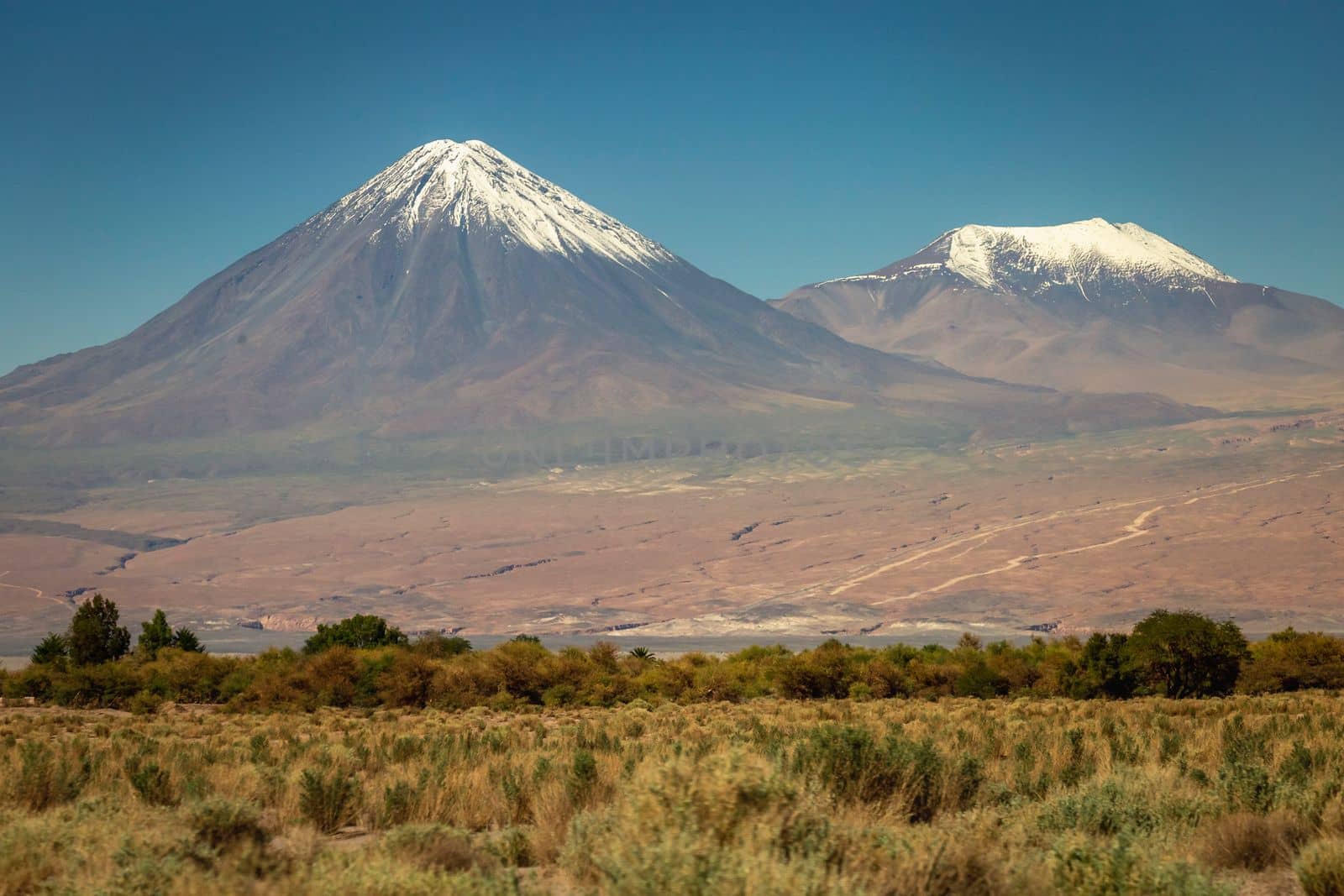 Licancabur and Peaceful dramatic volcanic landscape at Sunset, Atacama Desert, Chile