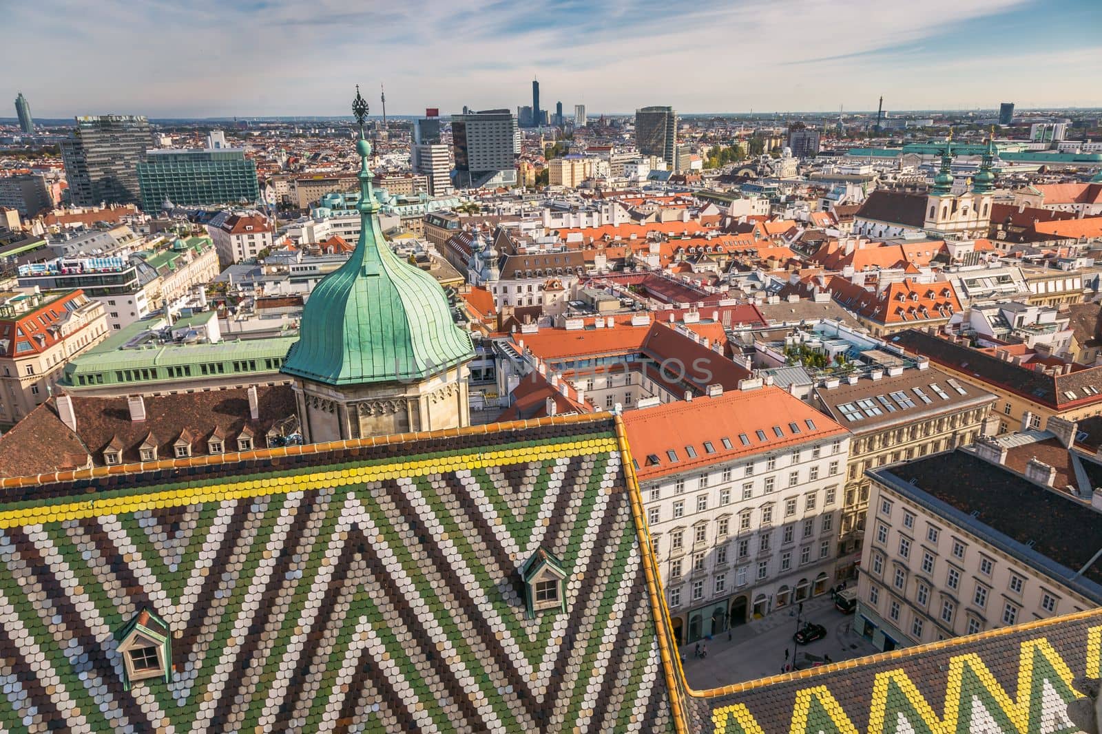 Panoramic view of Vienna cityscape with Cathedral from above, Austria by positivetravelart