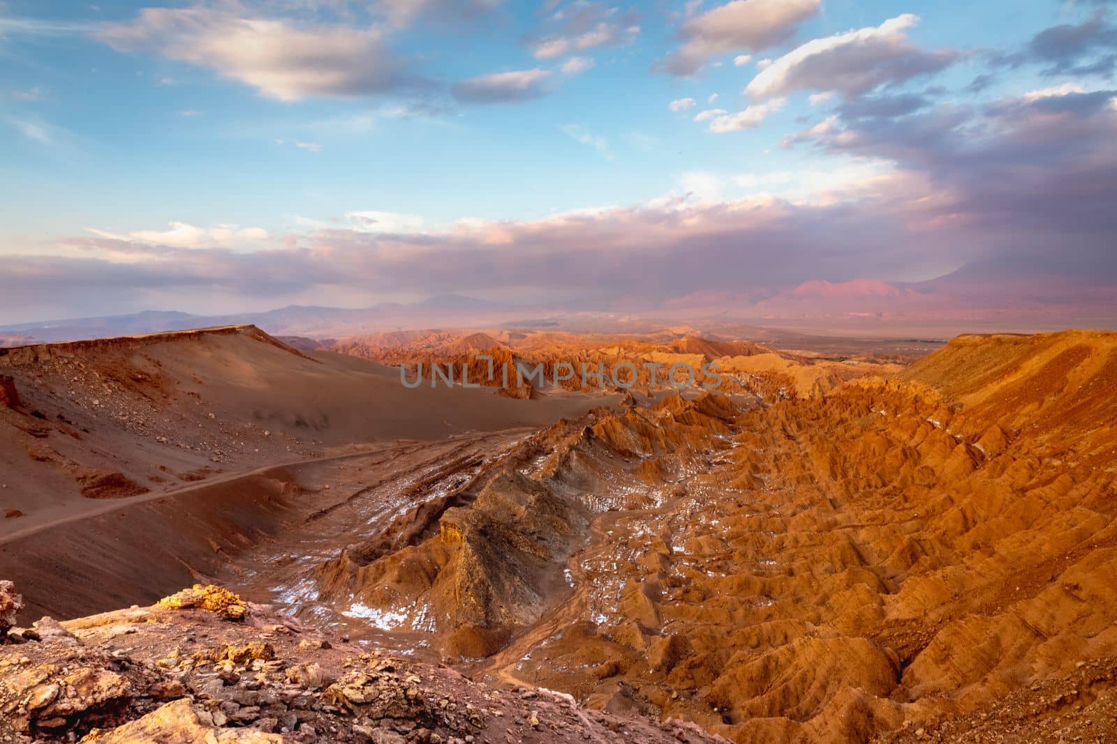 Peaceful Moon Valley dramatic landscape at Sunset, Atacama Desert, Chile