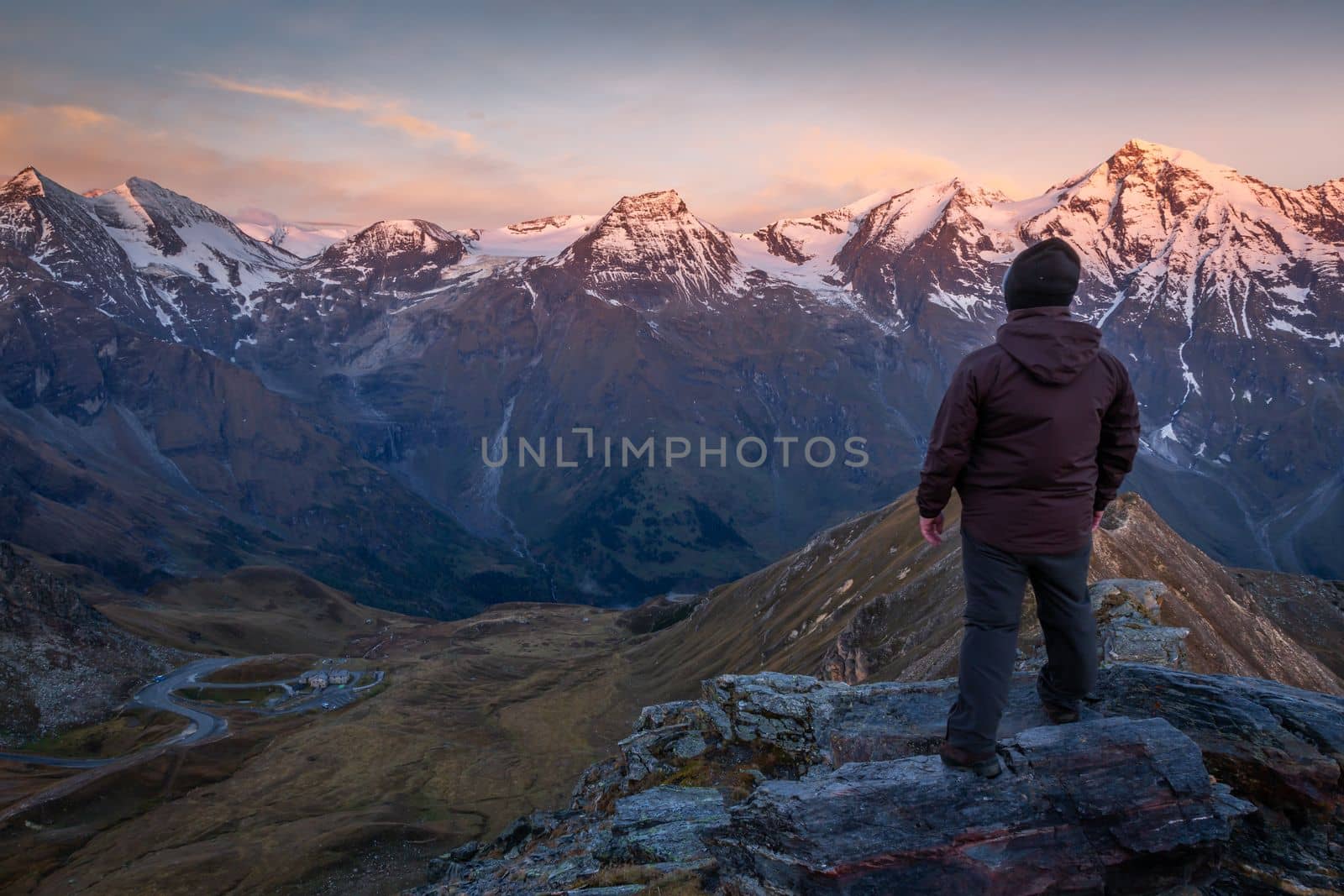 Hohe Tauern mountain range from above dramatic Grossglockner road at sunrise, Austria