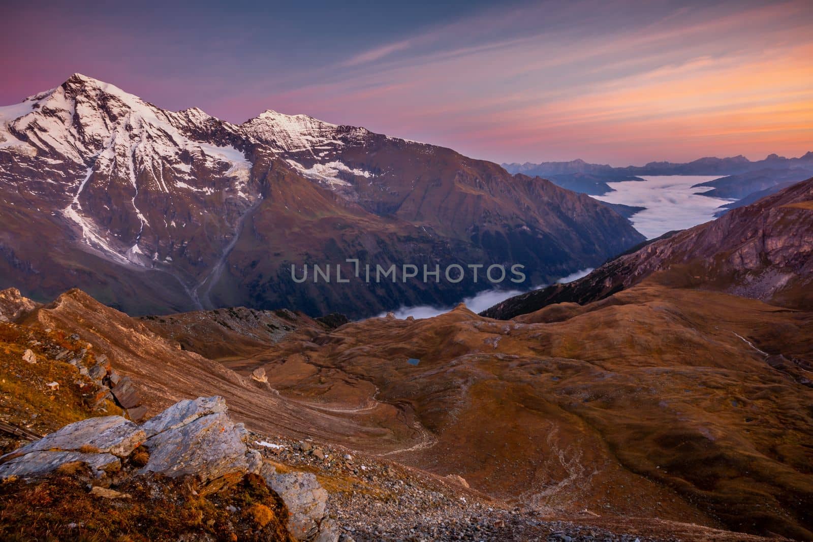 Hohe Tauern mountain range from above dramatic Grossglockner road at sunrise, Austria