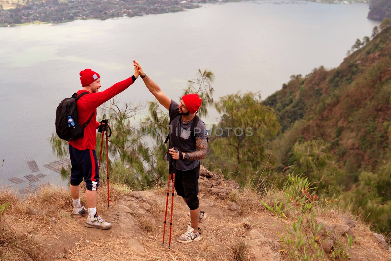 friends go trekking in the mountains. bali