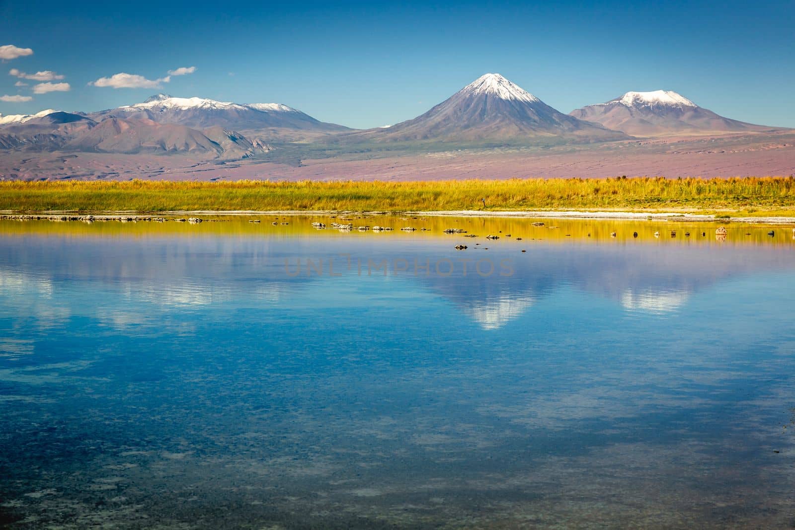 Licancabur and Peaceful reflection lake with dramatic volcanic landscape at Sunset, Atacama Desert, Chile