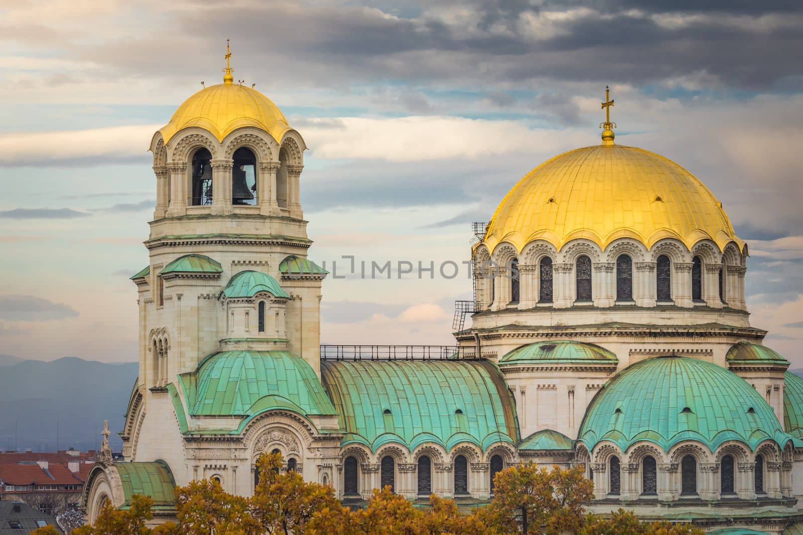Alexander Nevski cathedral square in Sofia at dramatic autumn sunset, Bulgaria, Eastern Europe
