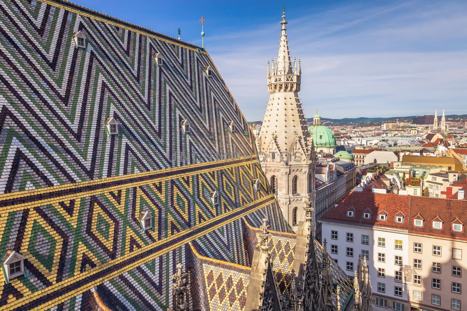 Panoramic view of Vienna old town cityscape with Cathedral from above, Austria