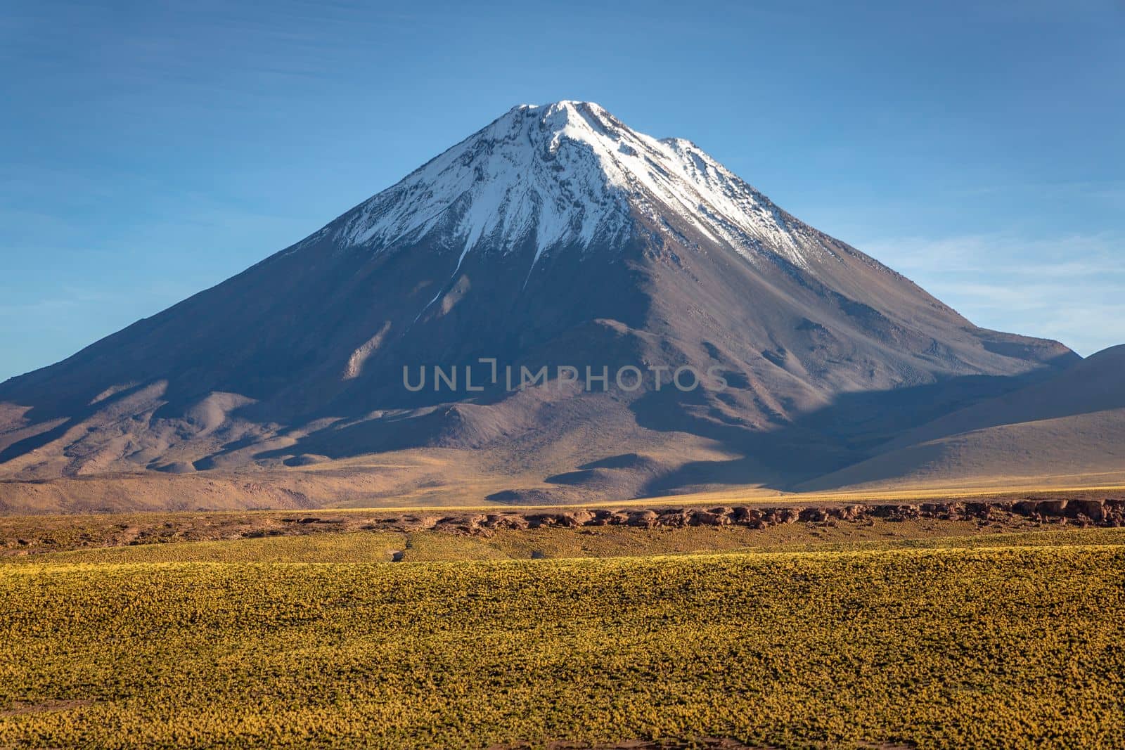 Licancabur and Peaceful dramatic volcanic landscape at Sunset, Atacama Desert, Chile